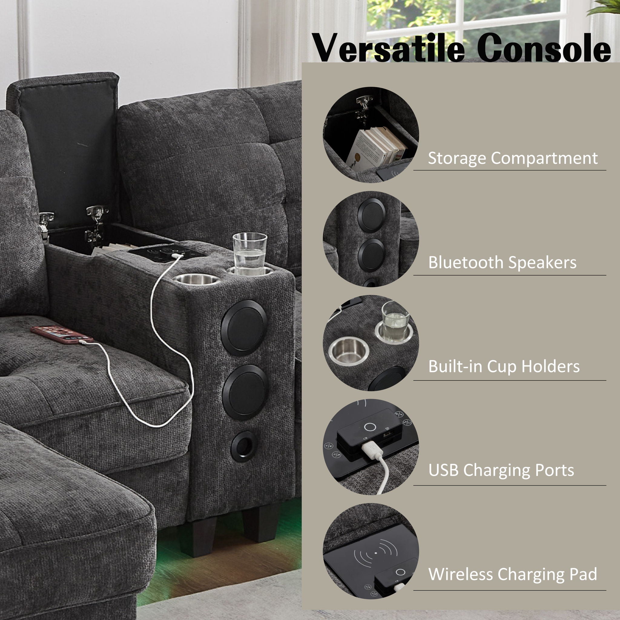 Modern Sectional Sofa U-Shaped With Movable Ottomans, tooth Speakers, LED Lights And Modular Storage