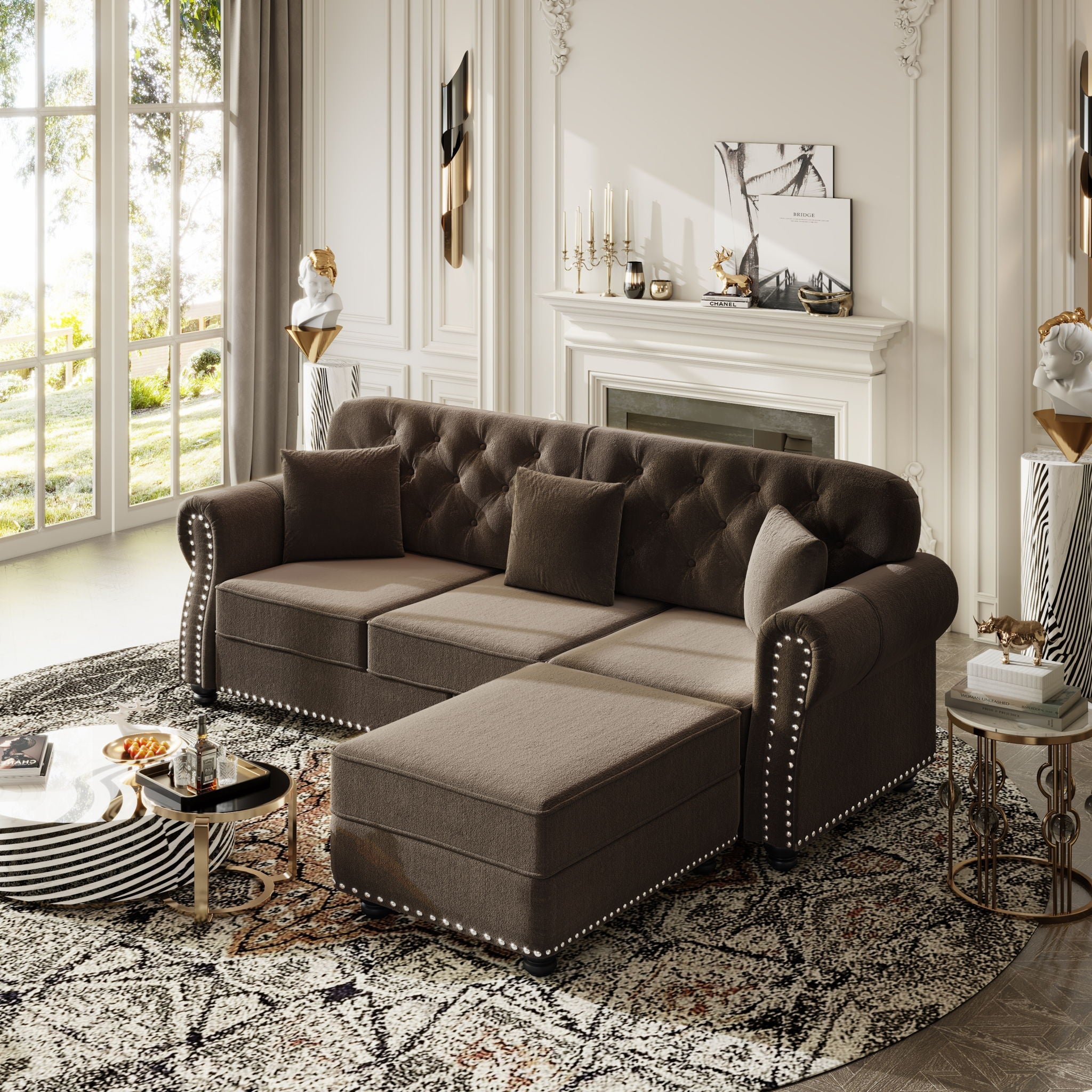 Upholstered 3 Seater Sofa Set With Ottoman