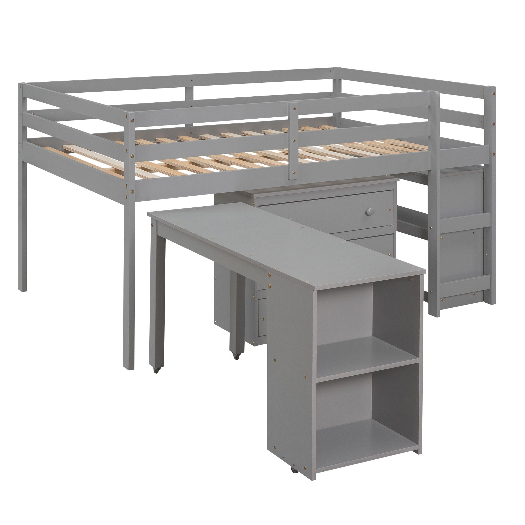 Loft Low Study Bed With Cabinet, Shelves And Rolling Portable Desk, Multiple Functions
