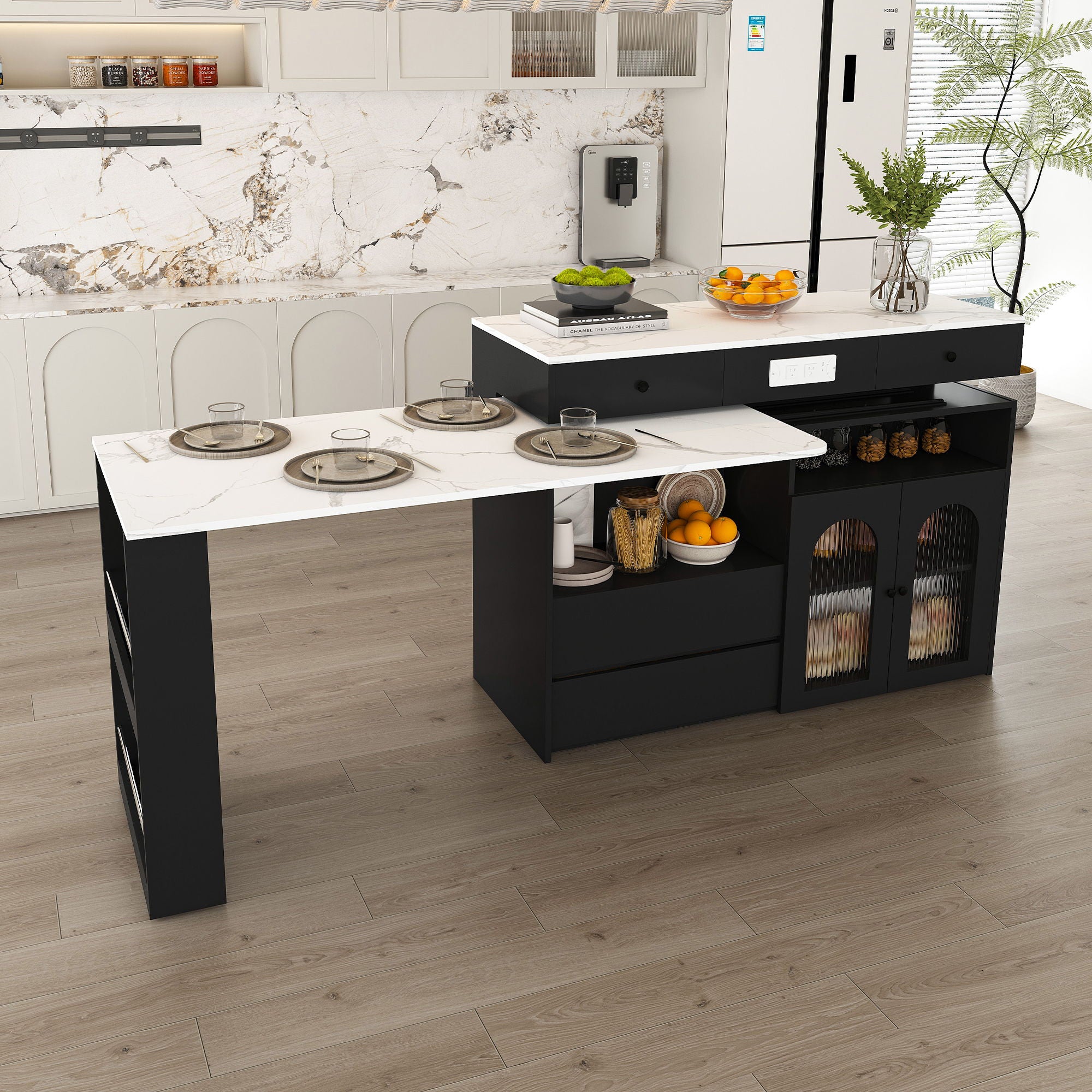 Retro Kitchen Island Set With Chairs, Extendable & Rotating Table, 4 Drawers & Door Cabinets