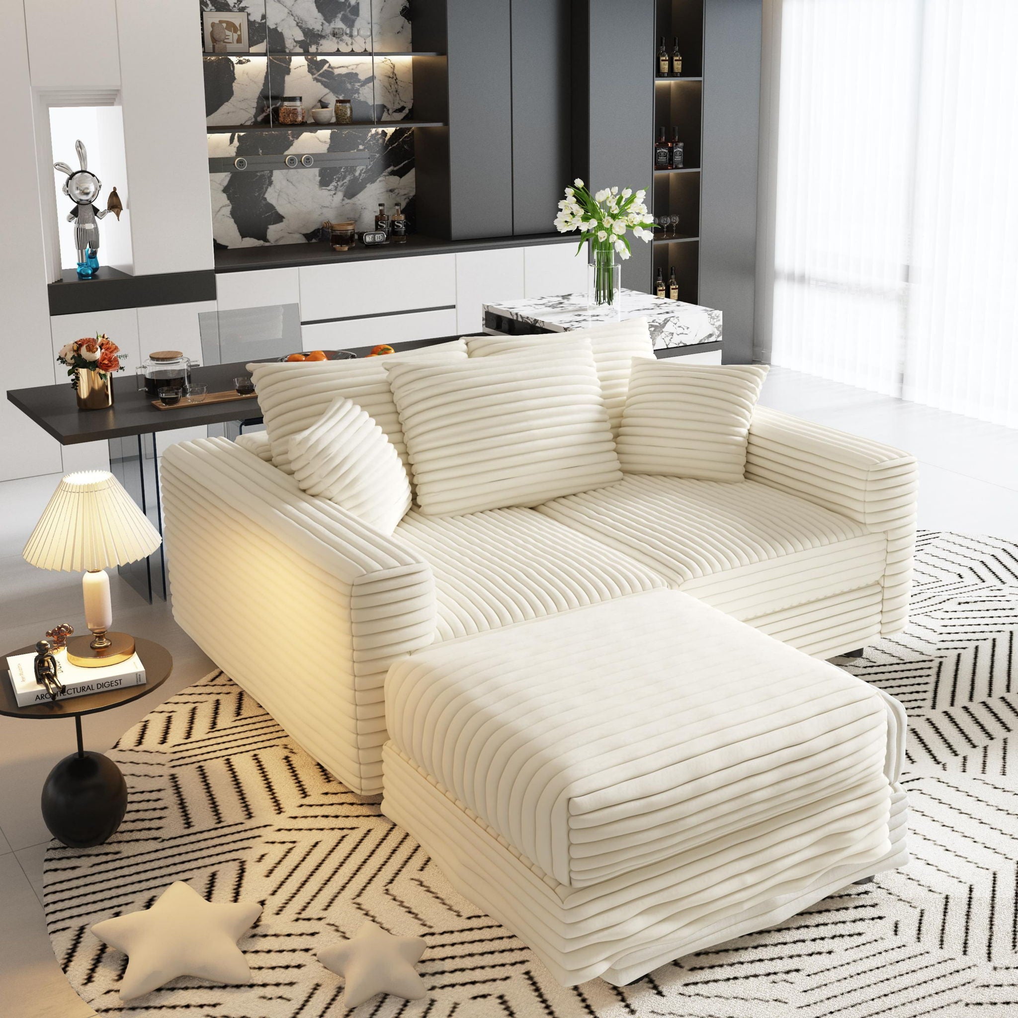 Deep Seat Convertible Sofa With Soft Pillows And Ottomans