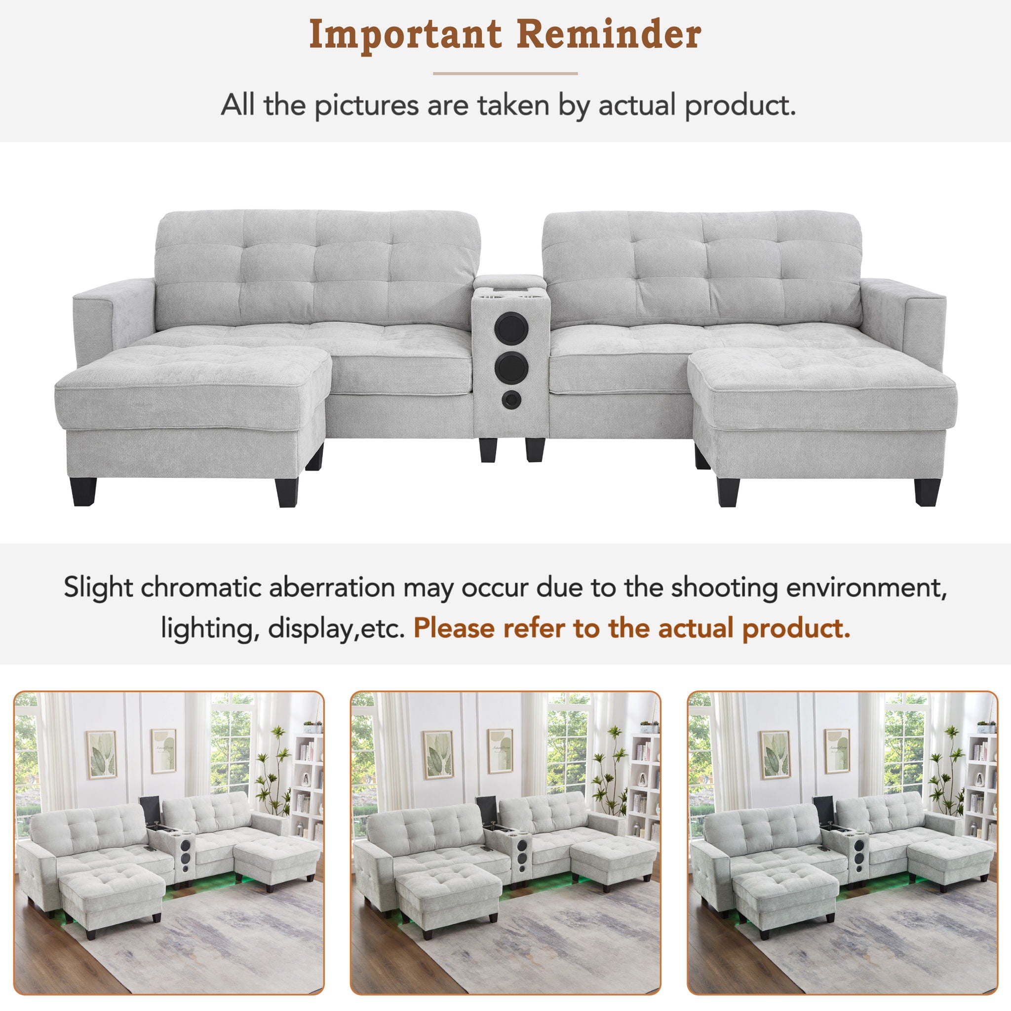 Modern Sectional Sofa U-Shaped With Movable Ottomans, tooth Speakers, LED Lights And Modular Storage