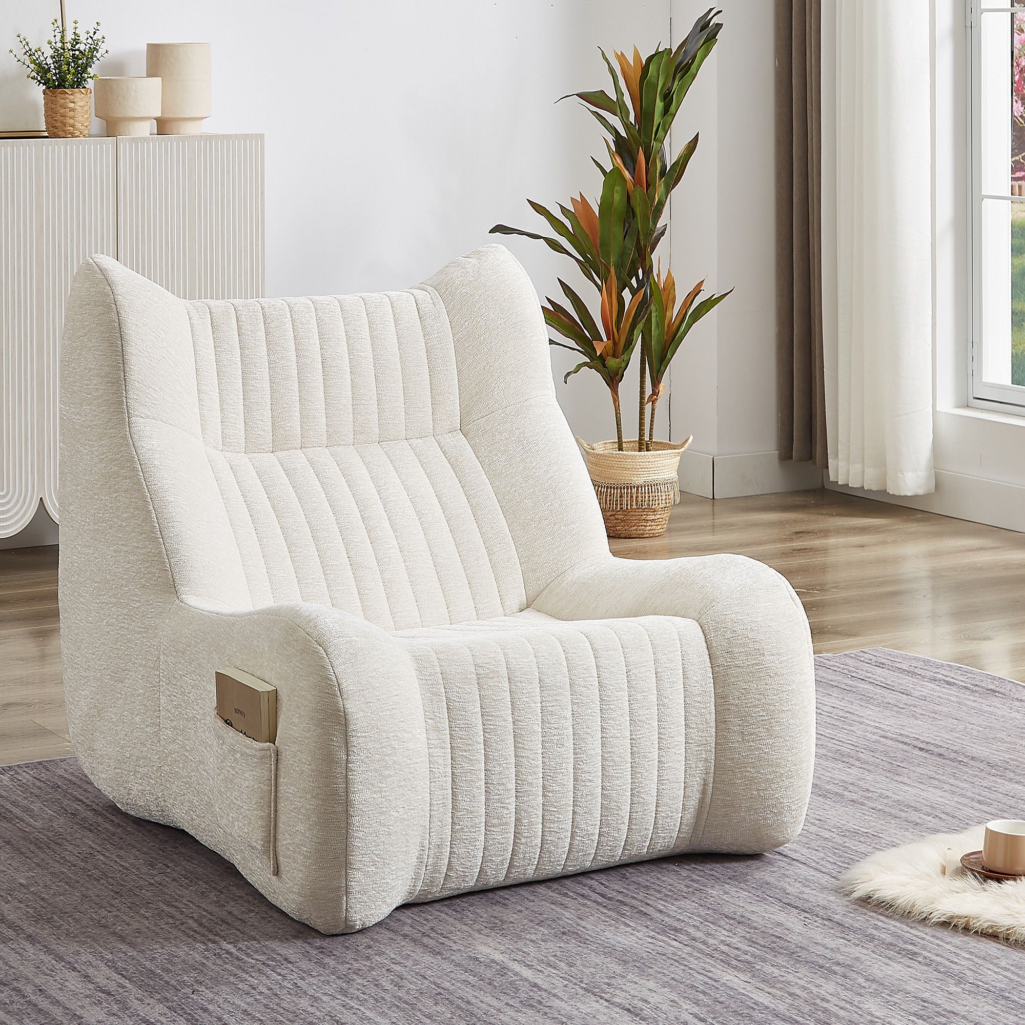 Bean Bag Chair For Adults, Lazy Floor Sofa Couch Memory Foam Bean Bag Sofas Chenille Fabric Reading Chair Comfortable Corner Lounge Sofa For Living Room - White