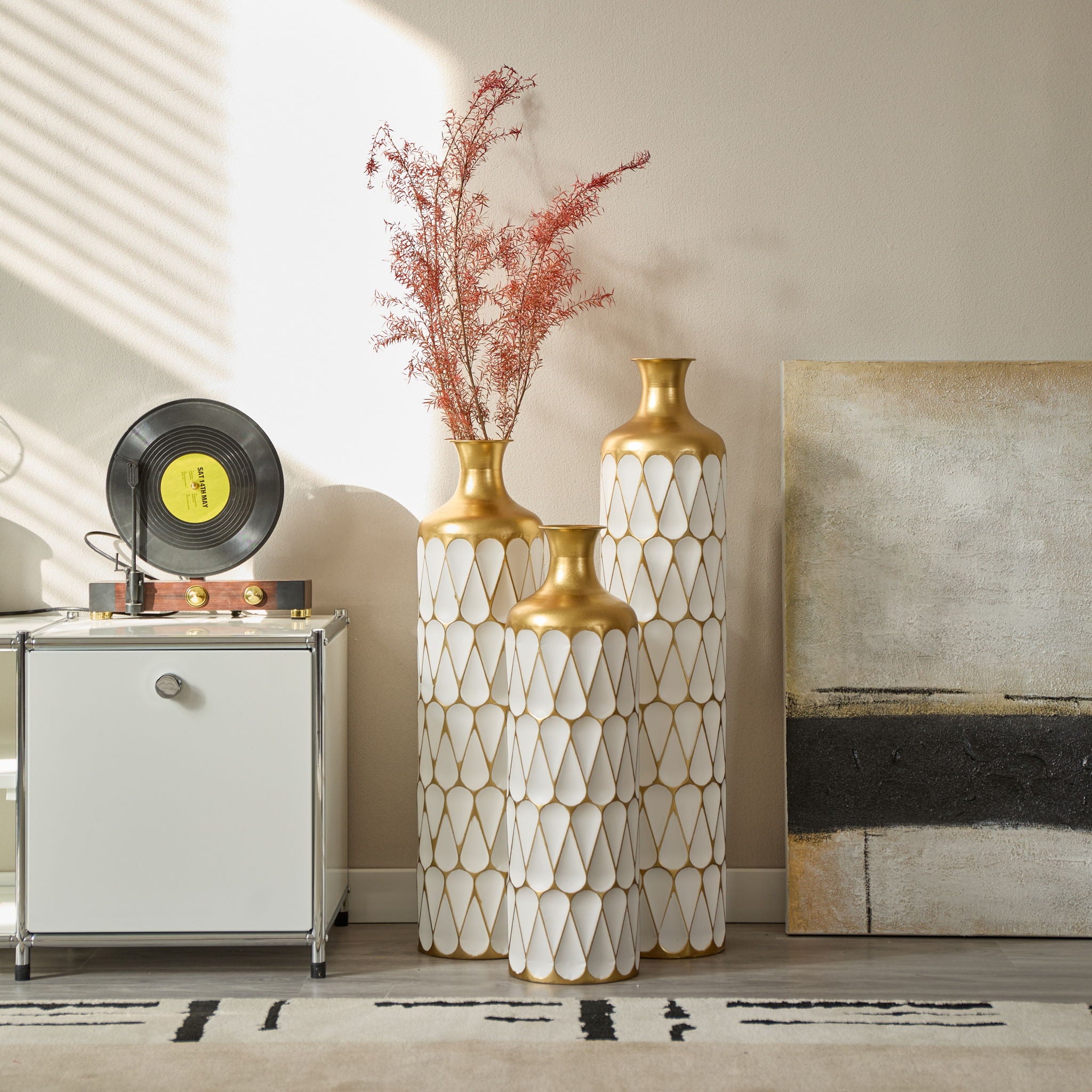 Floor Metal Vase Modern Style Decoration Home Droplet Shaped Metal Vase 3 Piece Set Gorgeous Home Decoration Large Glazed Metal Vase - Gold / White