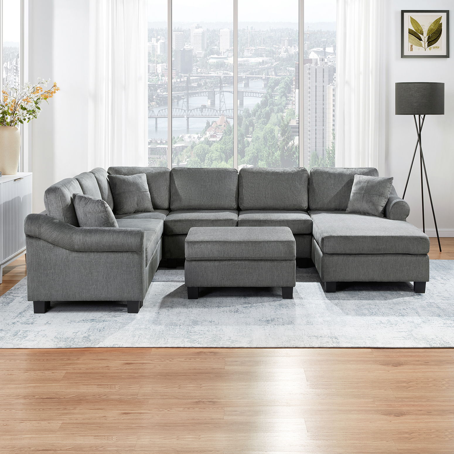 Contemporary U - Shaped Sectional Sofa With Movable Storage Ottoman