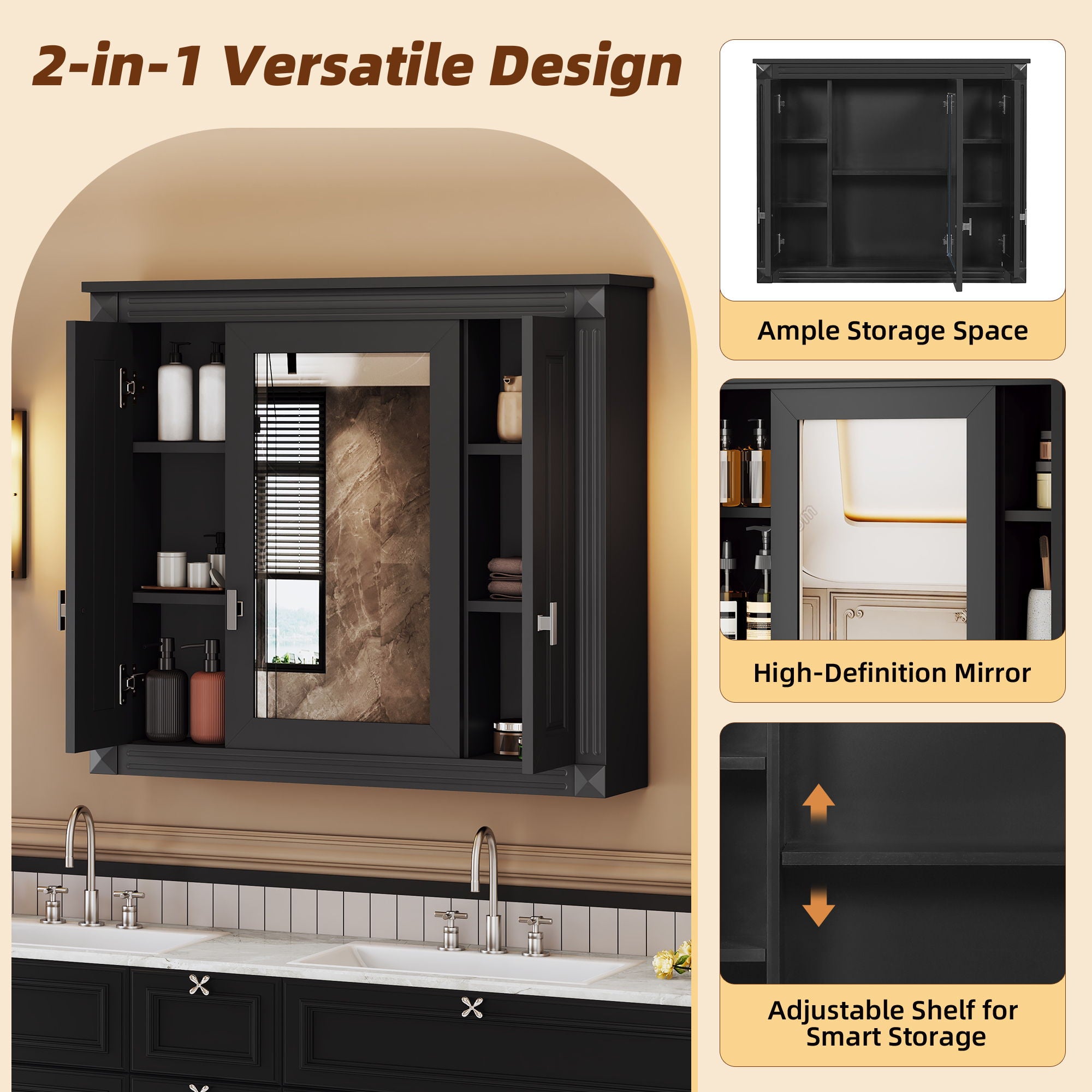 Wall Mounted Bathroom Cabinet With Mirror And 5 Shelves, Rectangular Design
