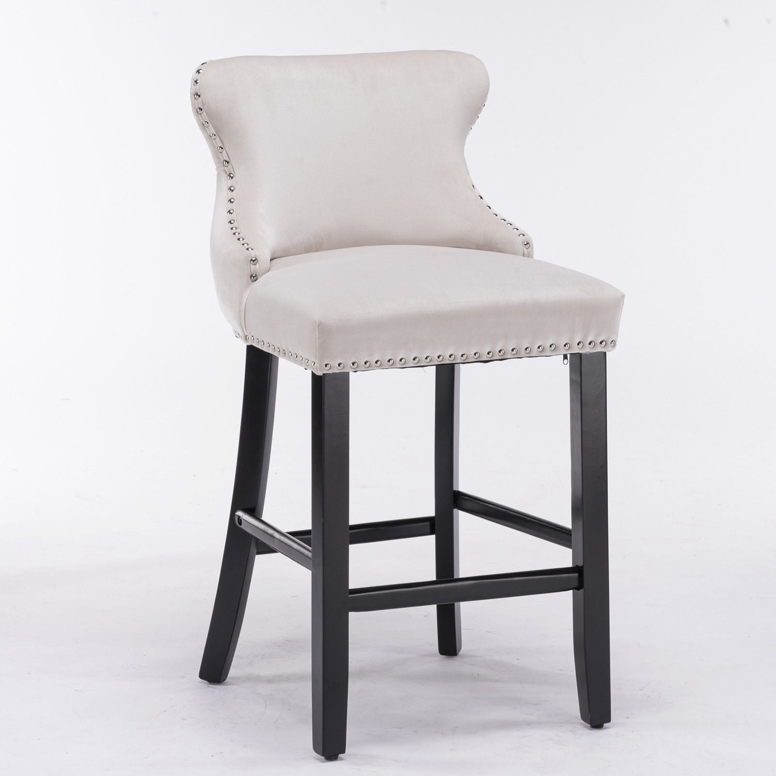 Contemporary Upholstered Wing-Back Barstools With Button Tufted Decoration And Wooden Legs, And Nailhead Trim, Leisure Style Bar Chairs, Bar Stools (Set of 2)