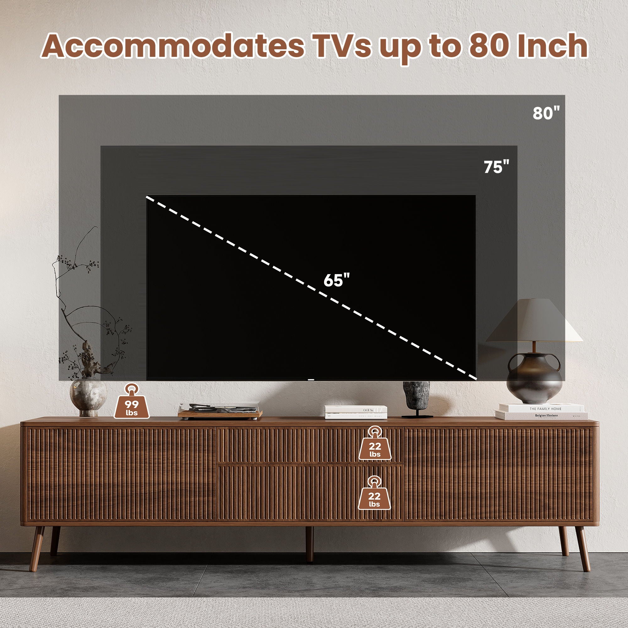 Fluted TV Stand With Storage Drawers And Cabinets For TVs Up To 80", Soft-Close Hinges, Cable Management - Walnut