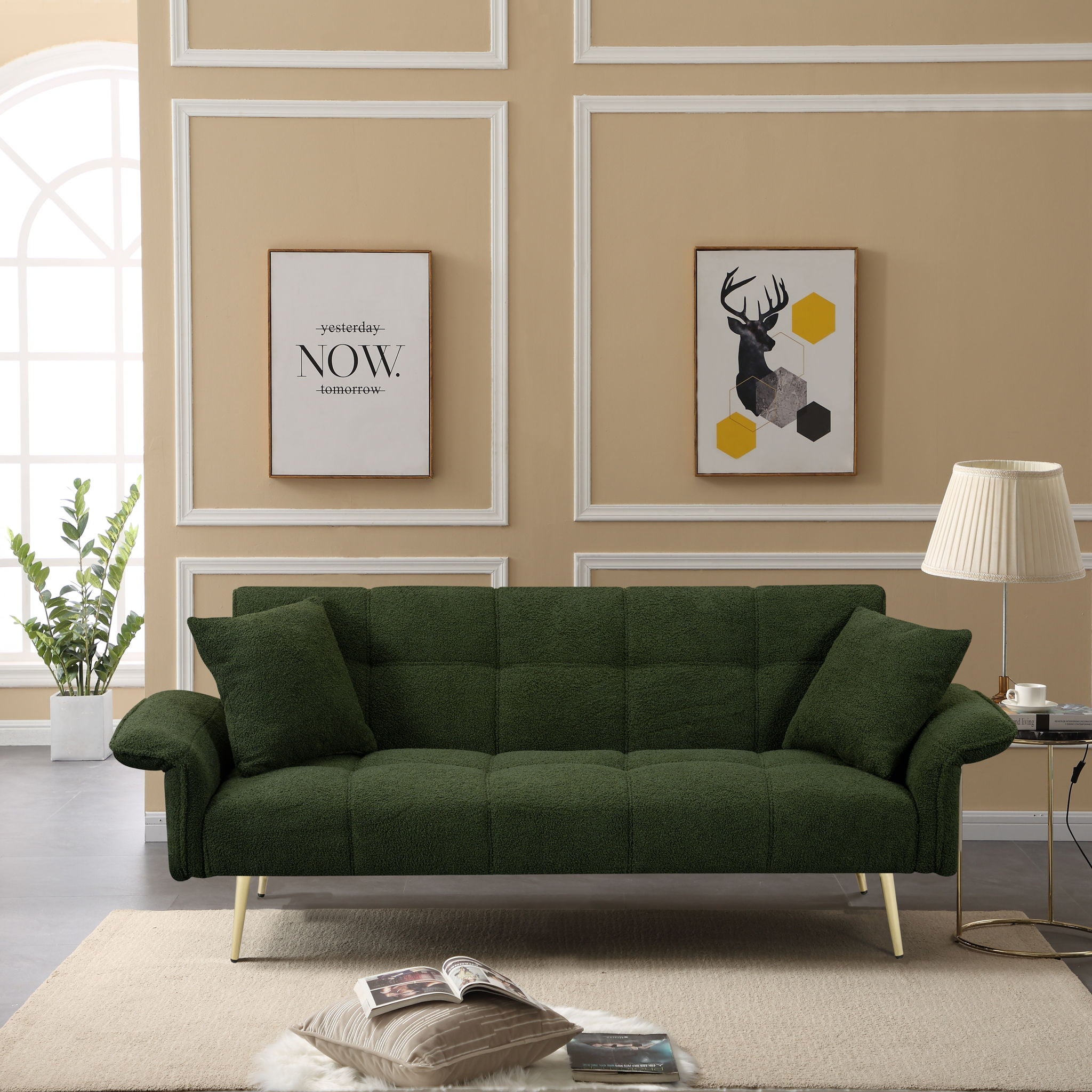 Convertible Double Futon Sofa Bed With Folding Armrests For Living Rooms