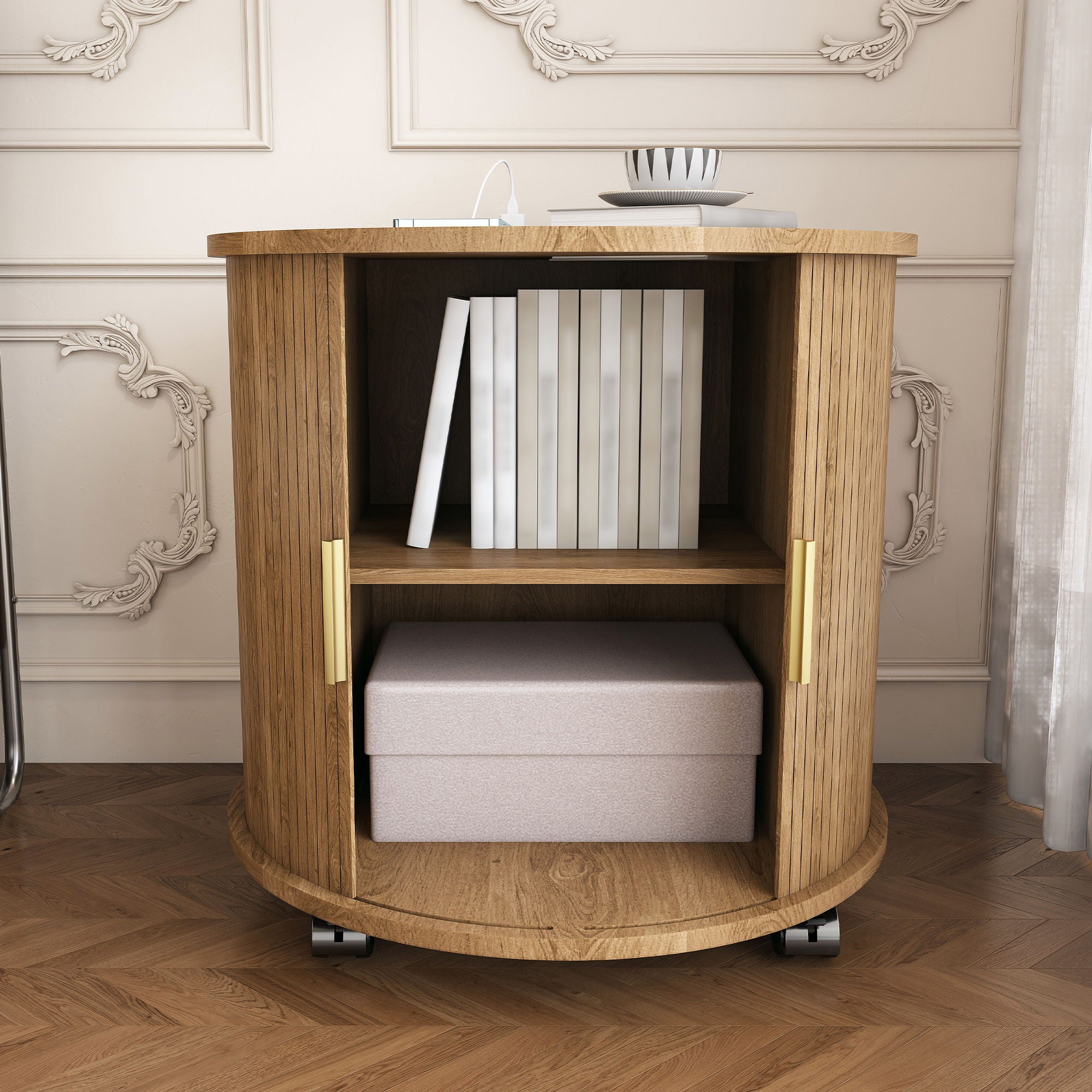 Cylinder Nightstand With Charging Station & Sliding Door