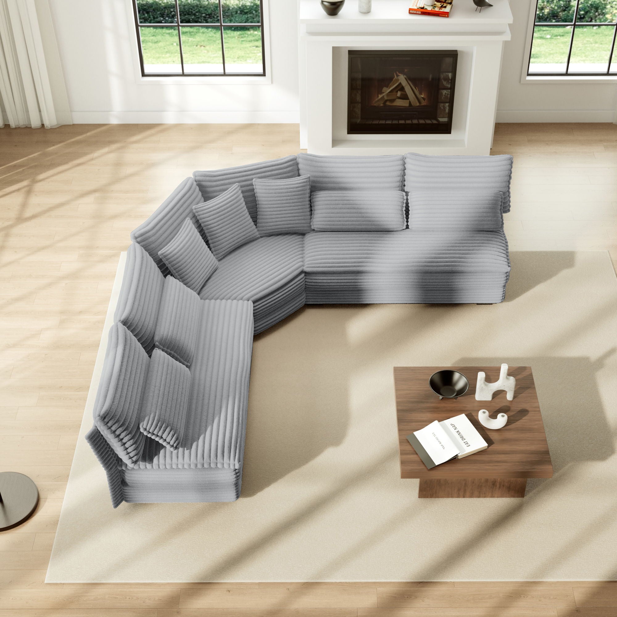 5 Seater L Shaped Sectional Sofa With Curved Corner, 7 Pillows