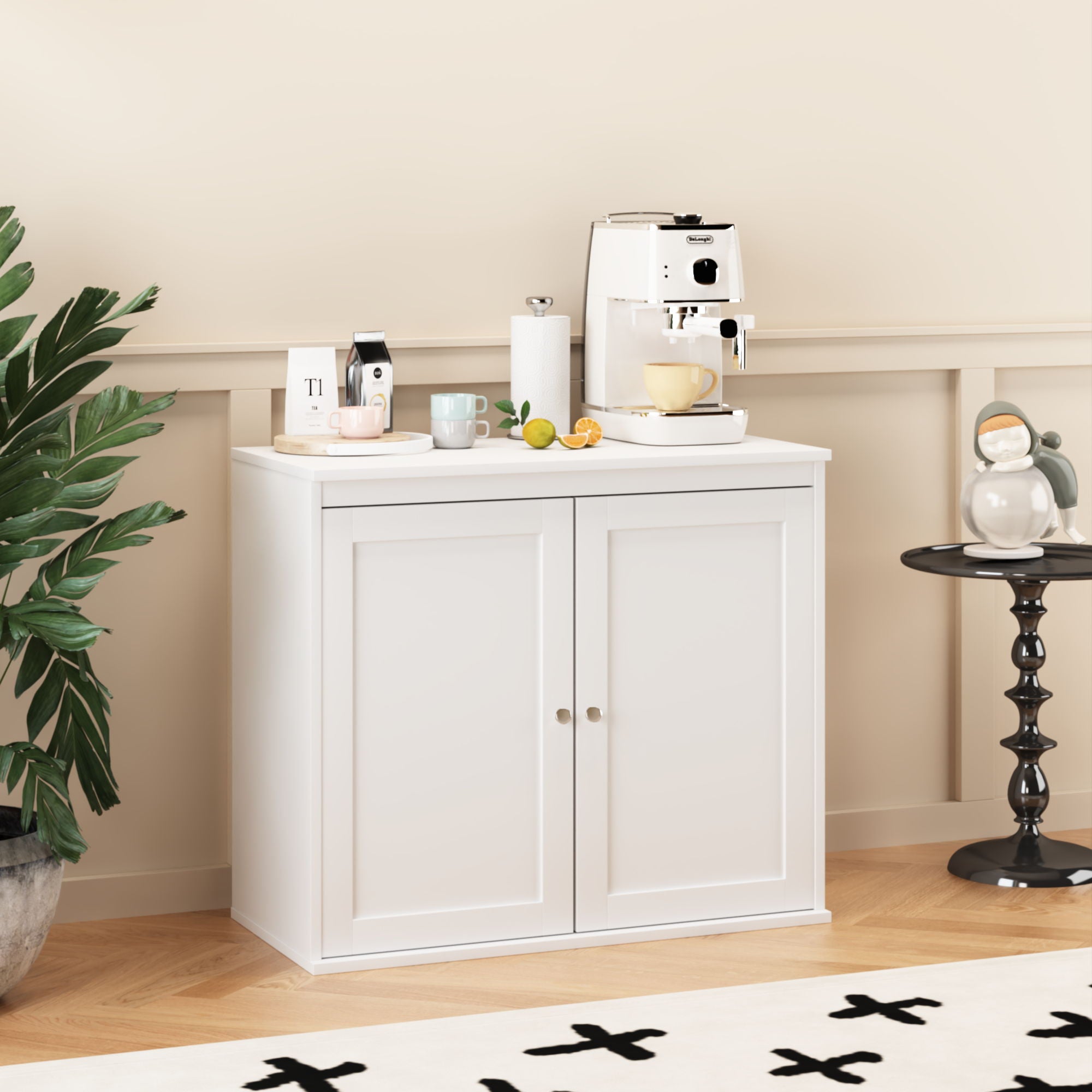 Kitchen Storage Cabinet With Double Doors, Adjustable Shelves, Sideboard Buffet For Dining Room - White