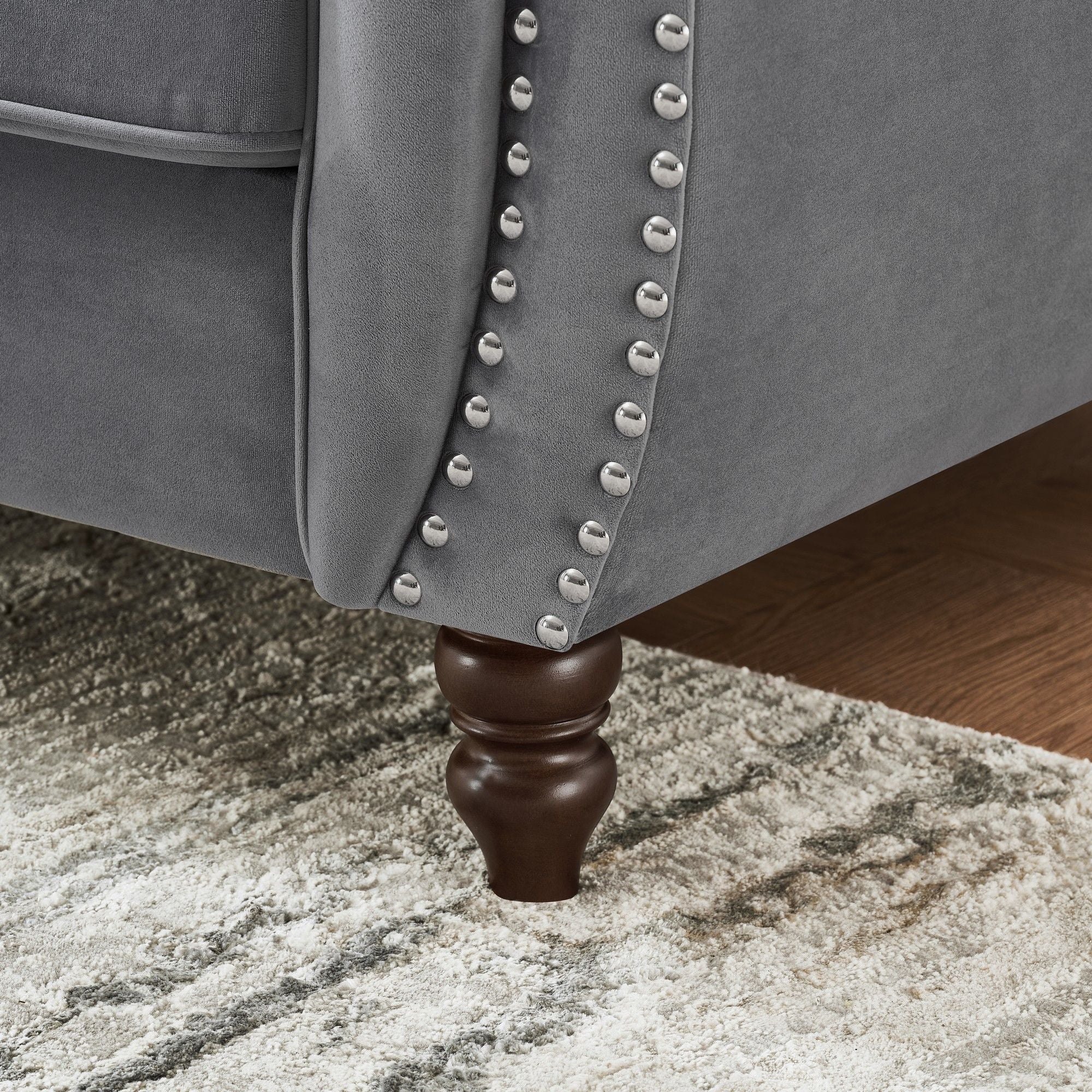 Chesterfield Upholstery Fabric Sofa With Roll Armrest & Nailhead, Mid Century Modern 3 And 3 Seater Couch