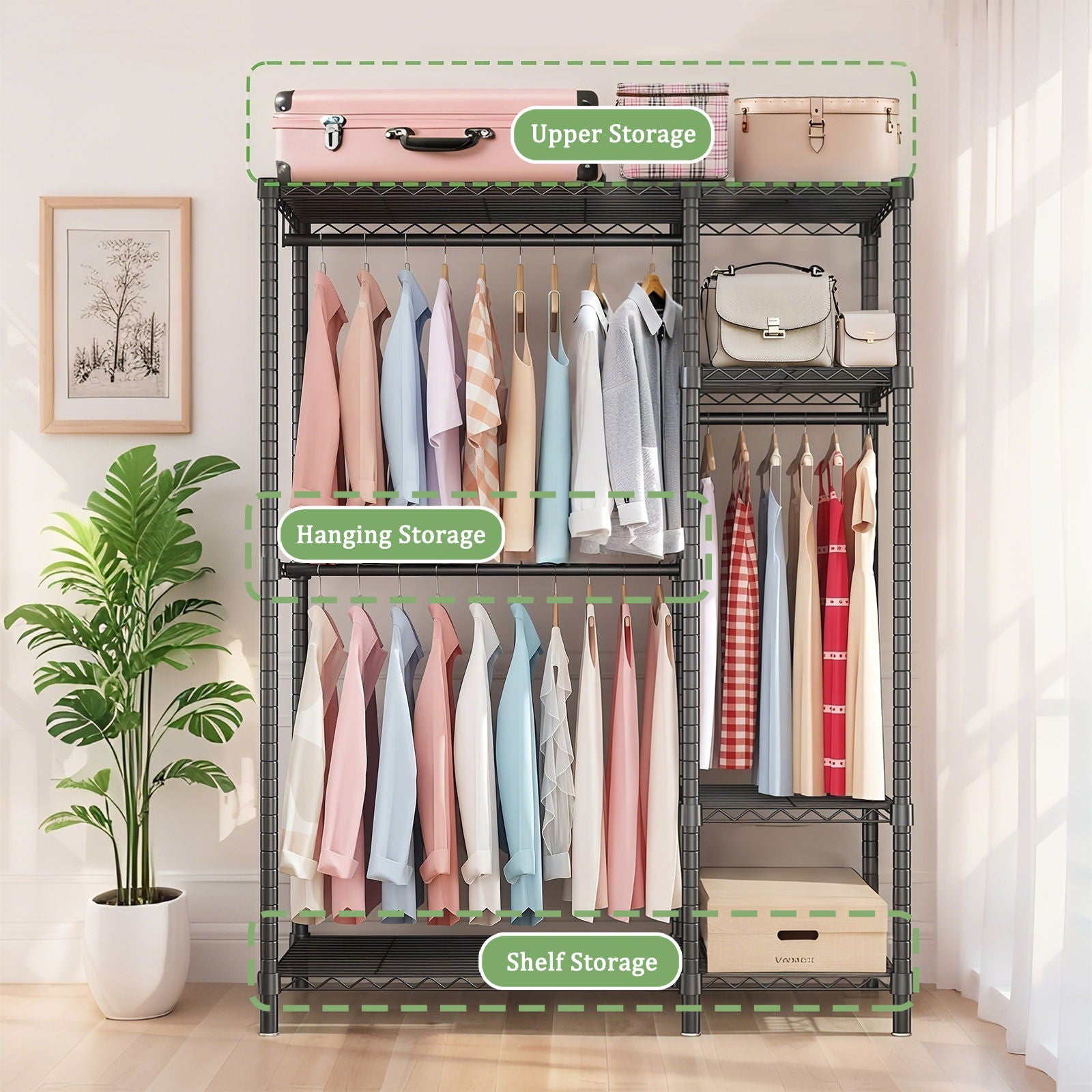 Freestanding Clothes Rack, With 6 Adjustable Wire Shelves And 3 Garment Rails - Black