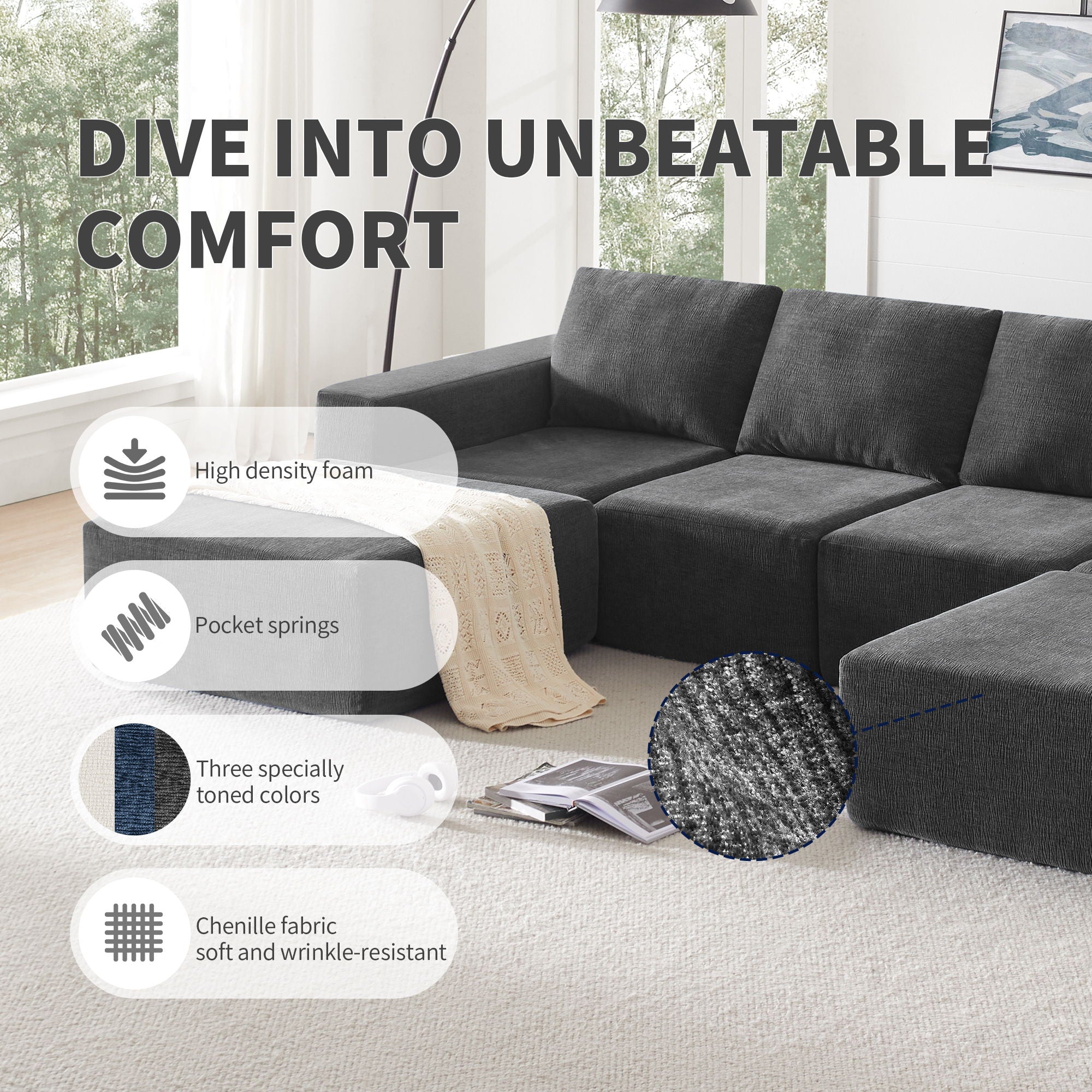 Modular U Shaped Sectional With Ottomans, Luxury Cloud Floor Couch With Deep Seat Fully Compressed Upholstered Sofa
