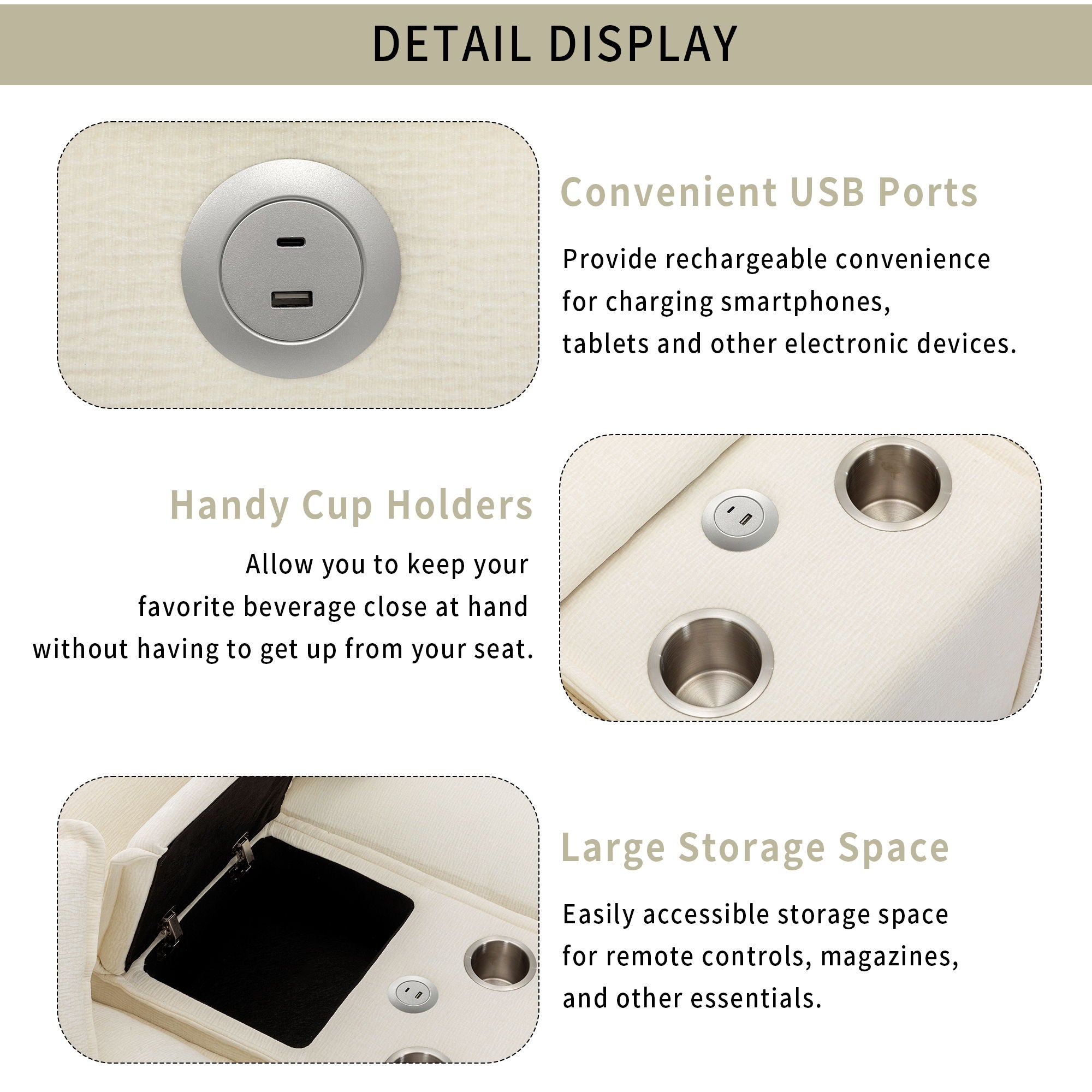 Sectional Sofa Upholstered Sofa With Two Removable Ottoman, Two USB Ports, Two Cup Holders And Large Storage Box For Living Room