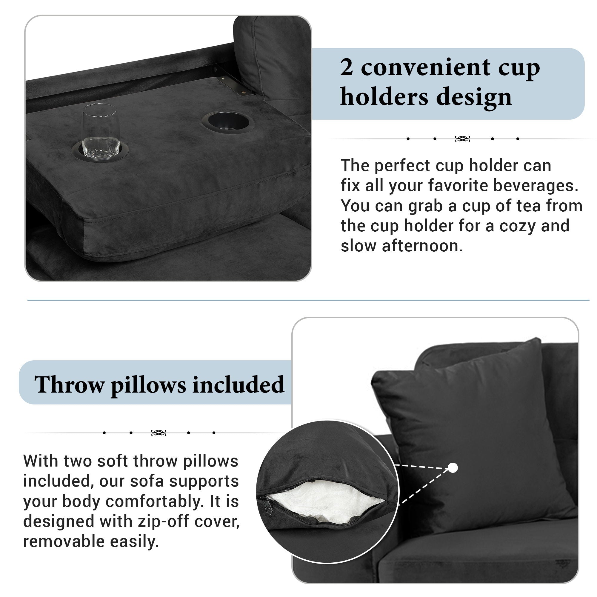 Modern Sectional Sofa With Storage Ottoman, L - Shape Couch With 2 Pillows And Cup Holders