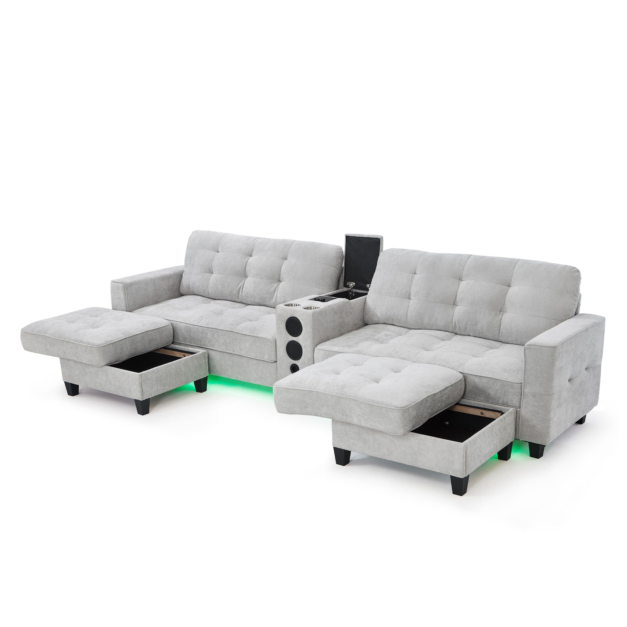 Modern Sectional Sofa U-Shaped With Movable Ottomans, tooth Speakers, LED Lights And Modular Storage