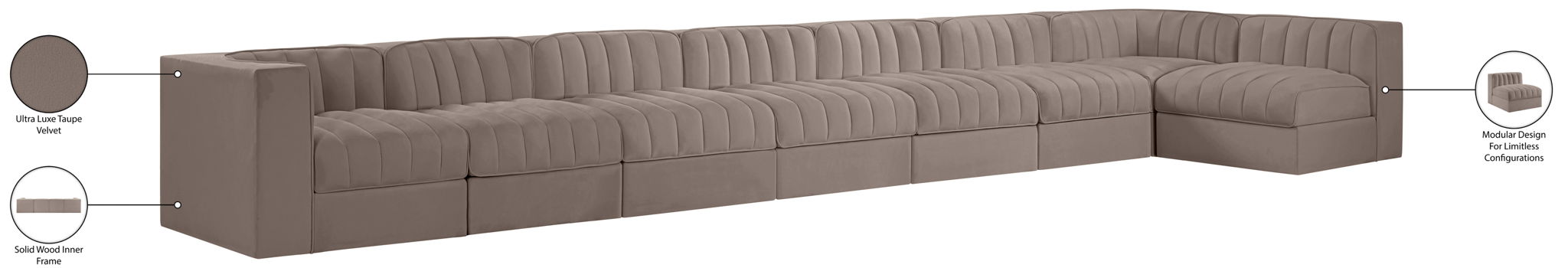 Rummi - Velvet Performance Fabric Upholstered 8 Piece Modular Sectional, L-Shaped (Right)