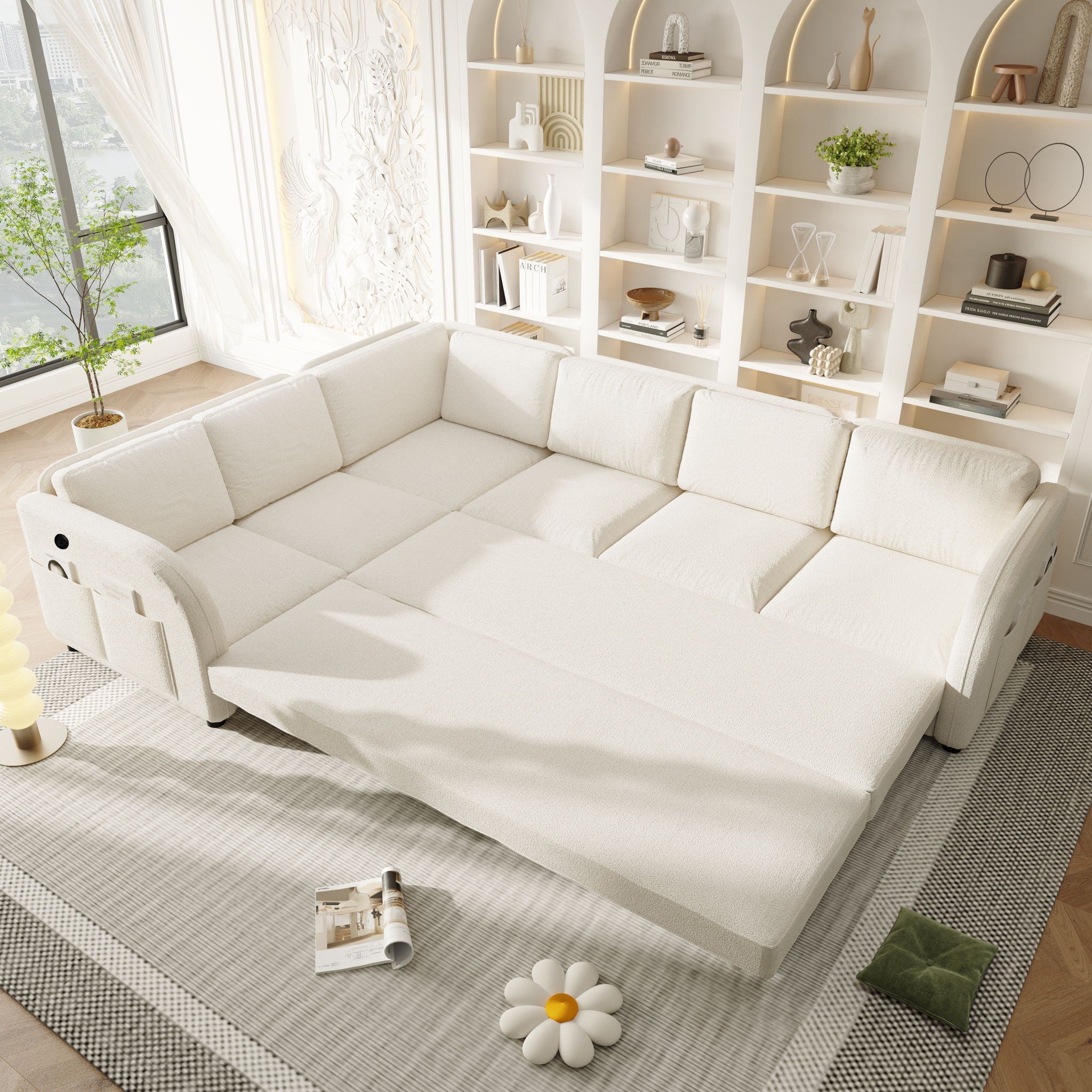 L-Shaped Couch With Pull-Out Bed, Convertible Sleeper Sofa With Side Pocket & USB Port