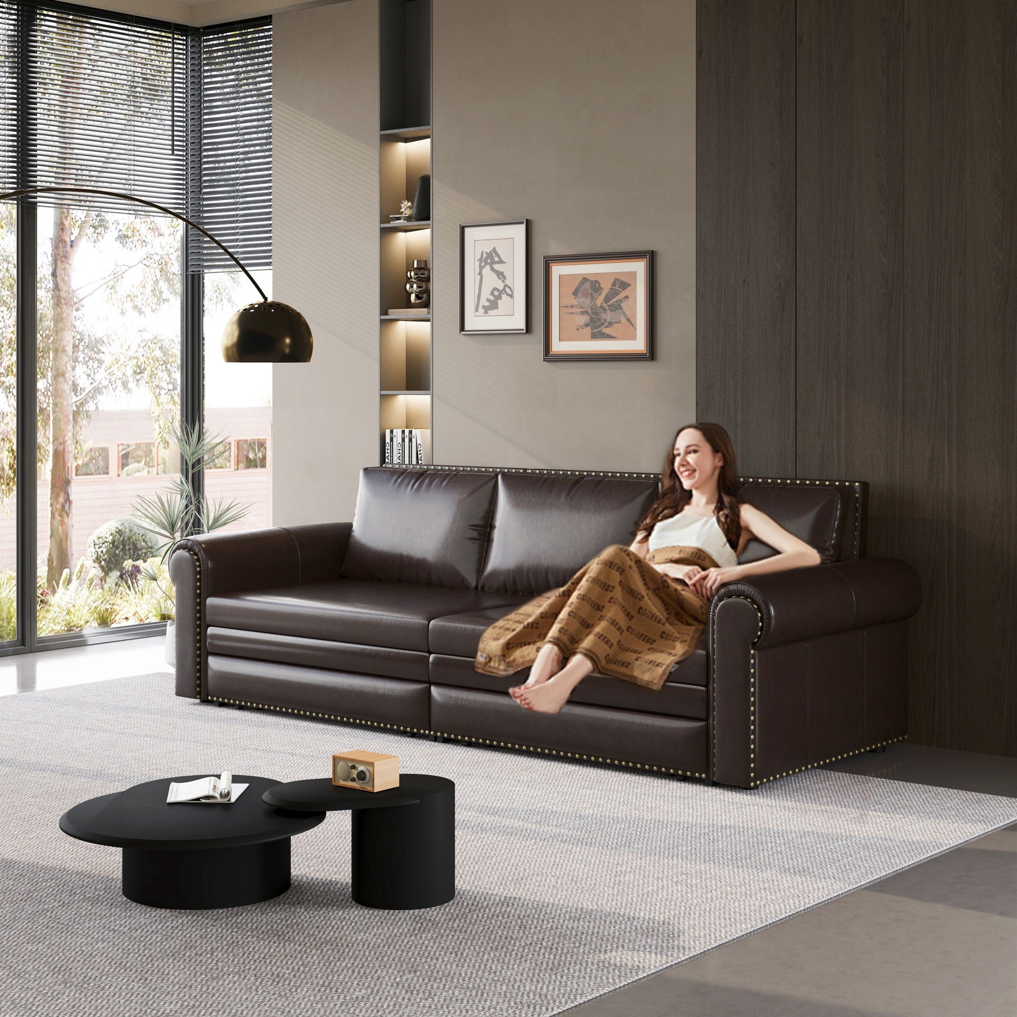 3 In 1 Convertible Sleeper Sofa With Nailhead Trim & Rolled Arm