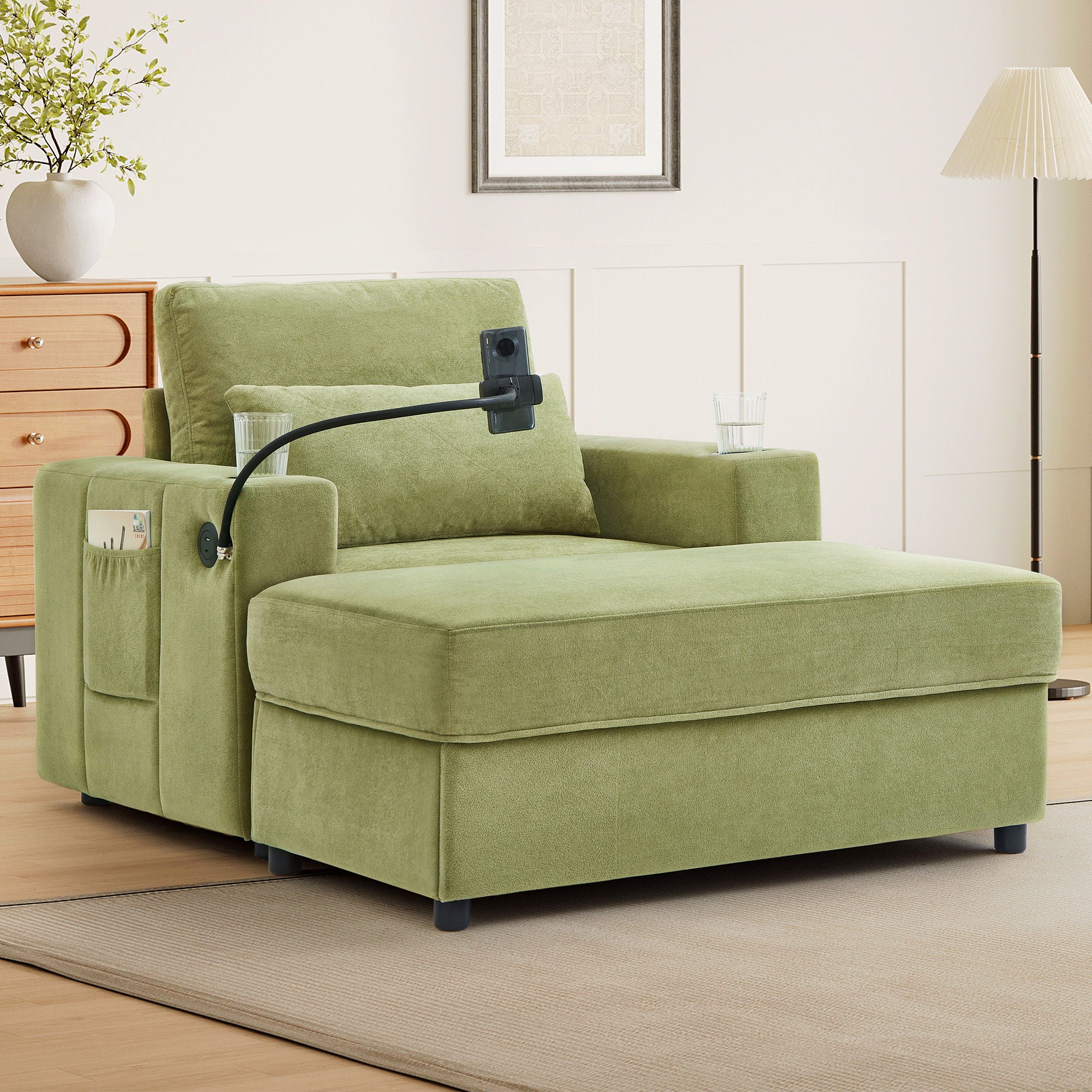 Modern Style Armchair Chaise Lounge Sofa Couch With Movable Storage Ottoman, USB Ports, Cup Holders, Phone Holder, Side Pockets