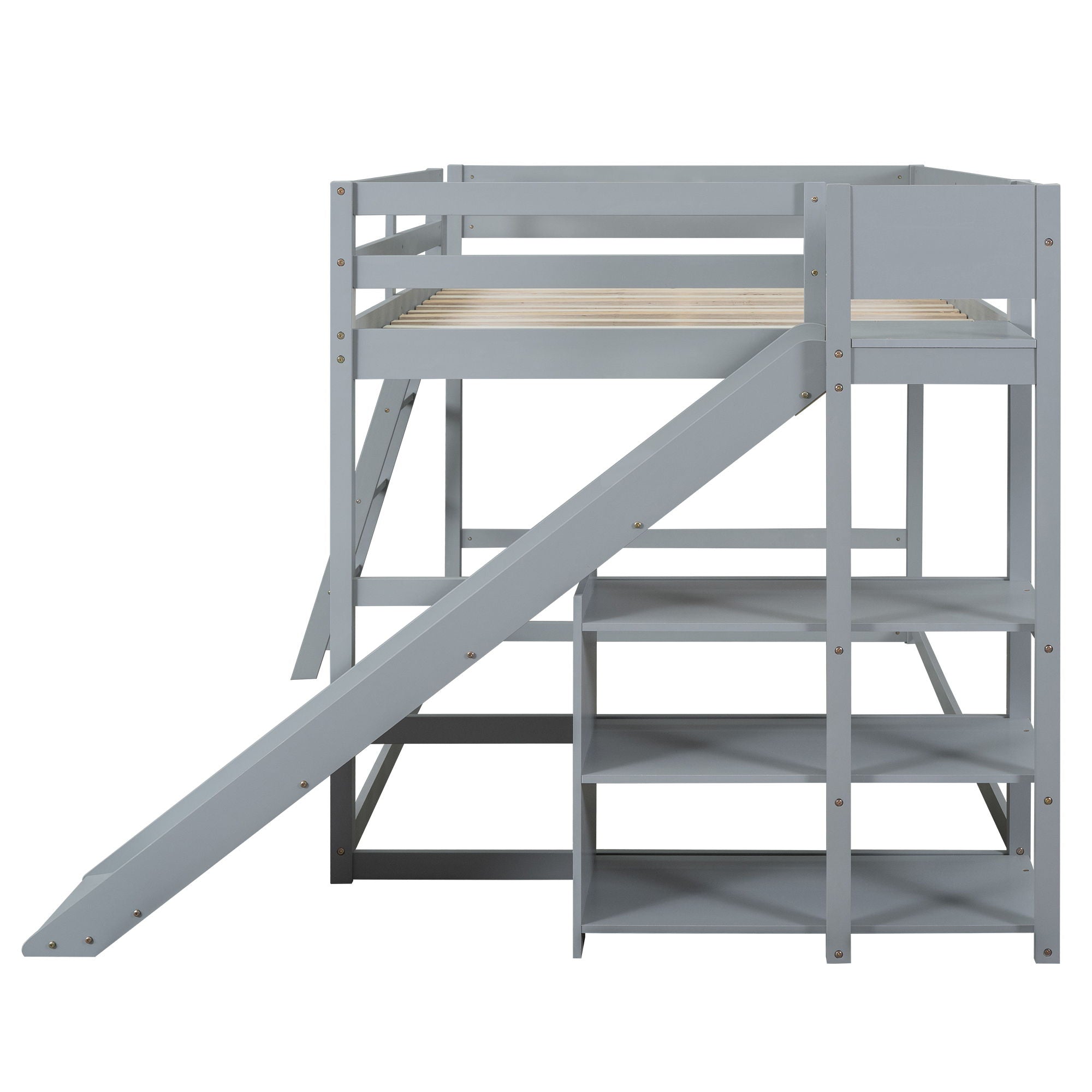 Bunk Bed With Ladder, Slide, And Shelves Pine Wood