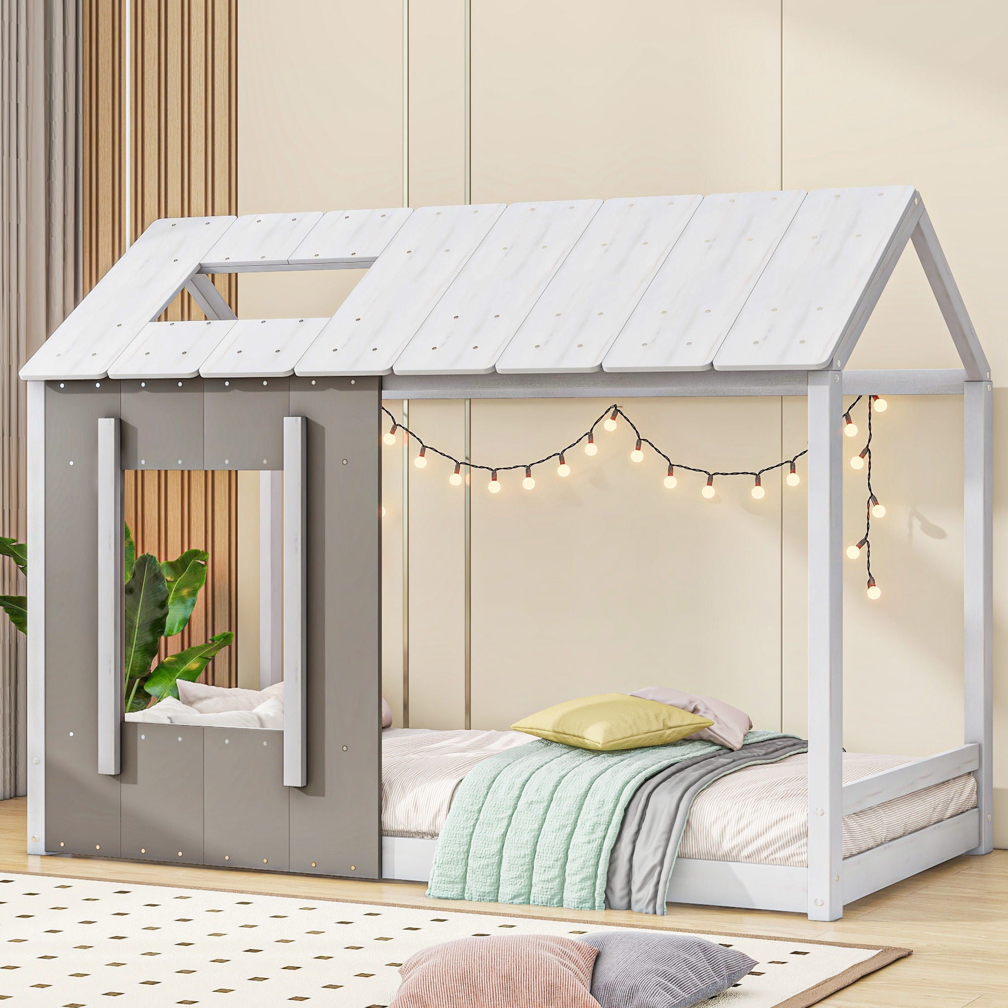 Twin Size House Platform Bed With Roof And Window - Natural / White