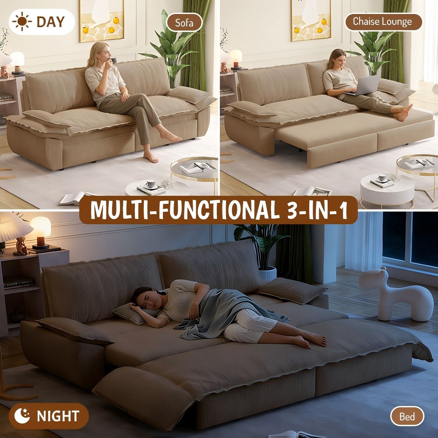 Queen Pull Out Bed, 3 In 1 Convertible Sleeper Sofa