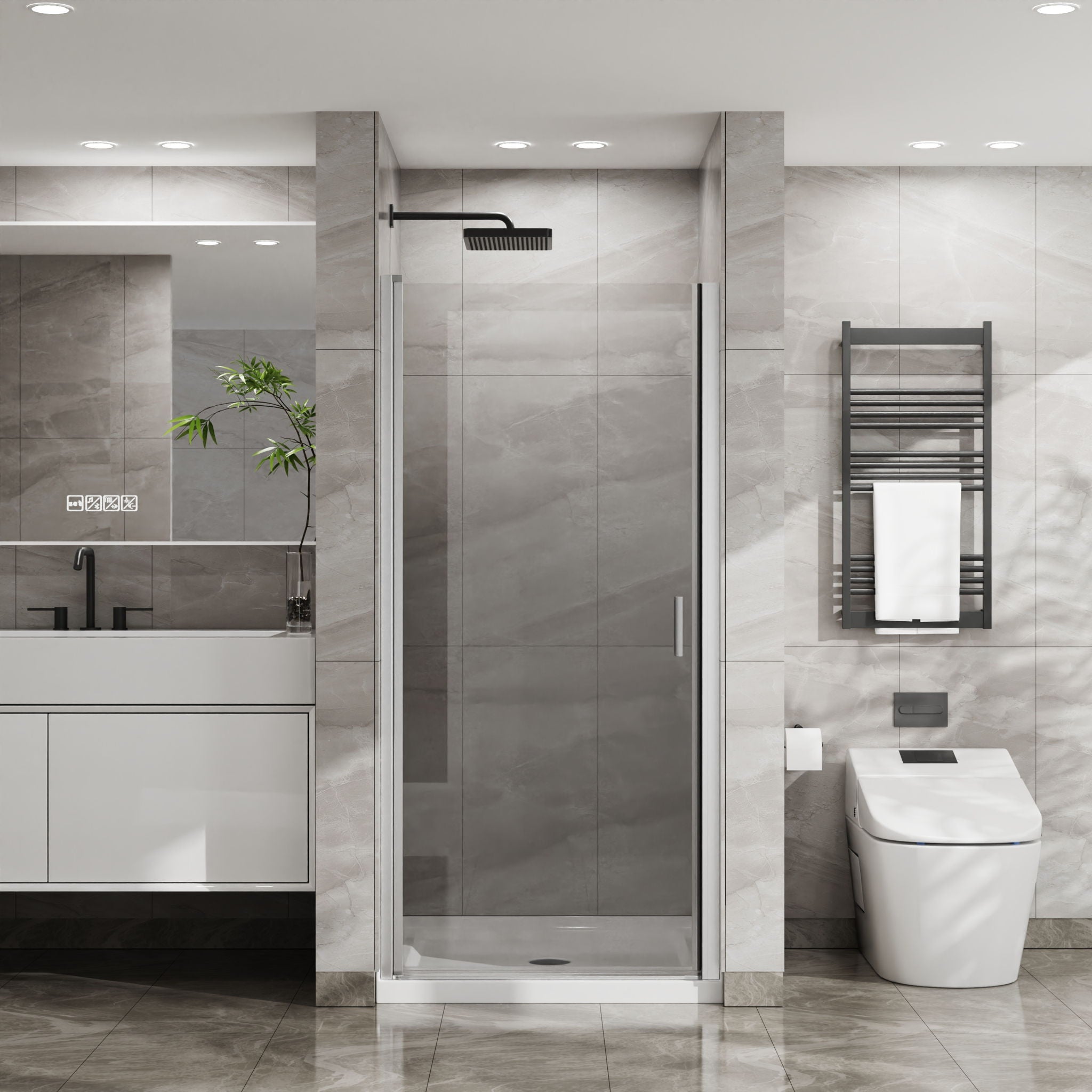 Pivot Shower Door, Tempered Glass, Semi Frameless