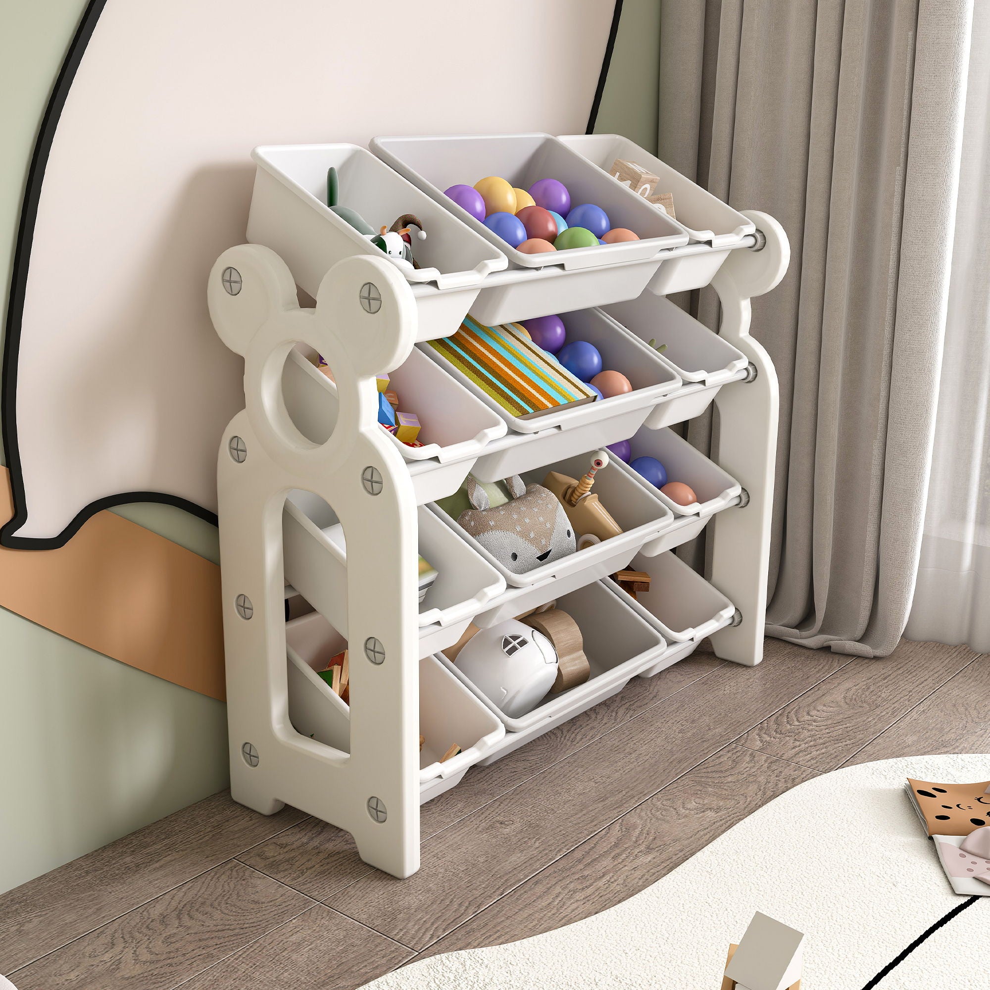 Multi Functional Kids Toy Storage Organizer Cabinet With Hdpe Shelf And 12 Bins - Gray White