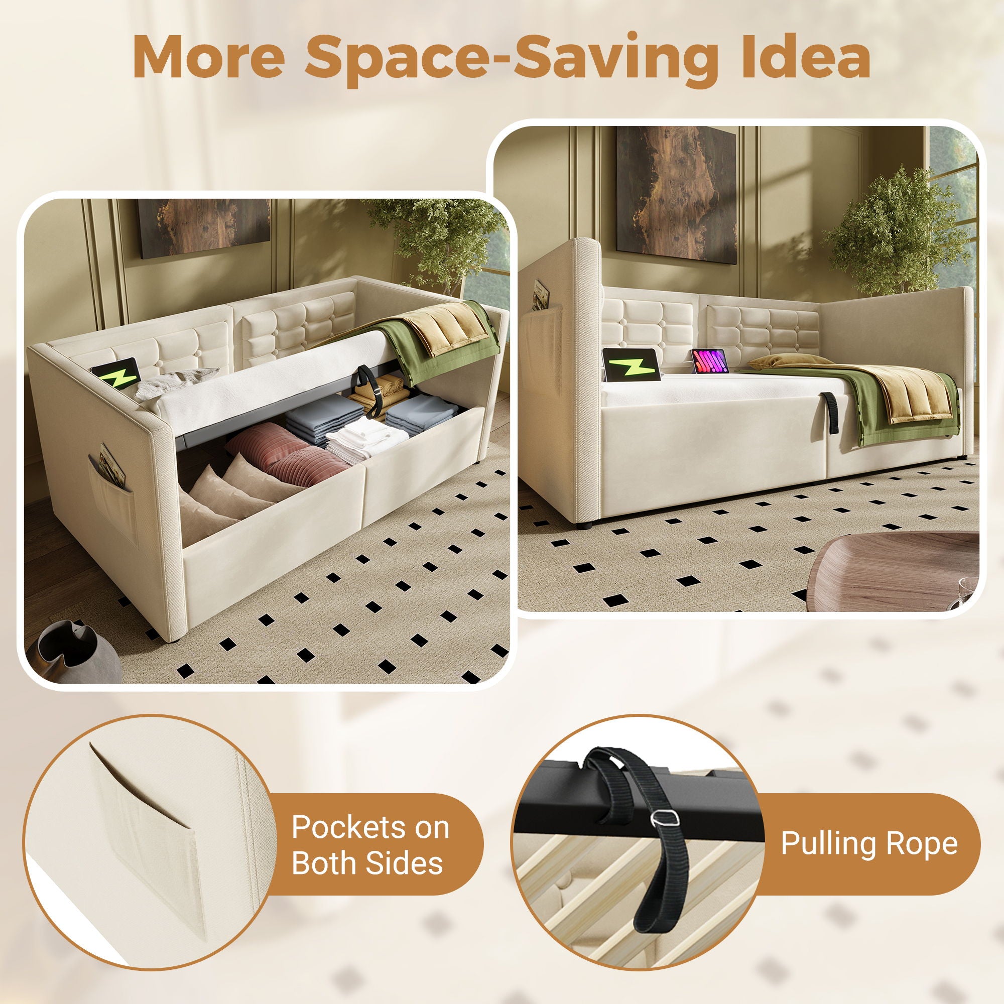 Upholstered Hydraulic Storage Daybed With USB & Type C Charging