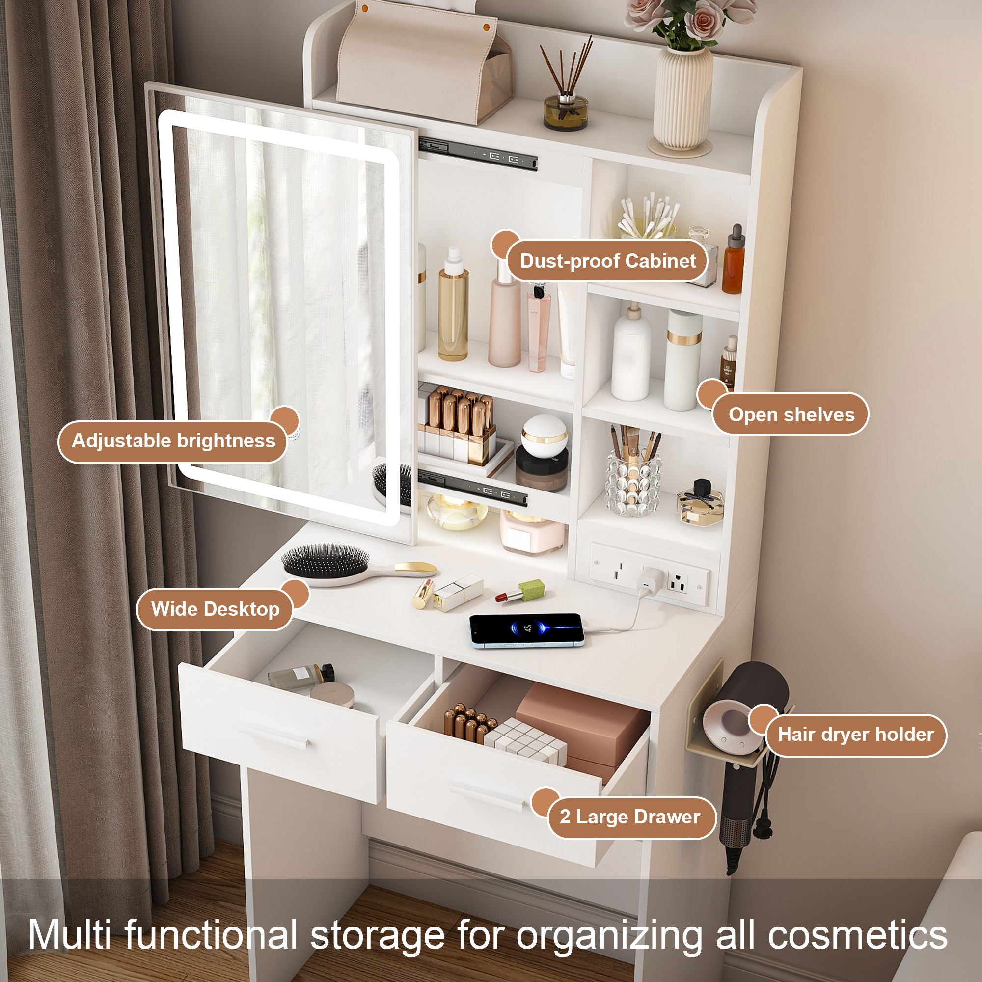 Space Saving Makeup Vanity Desk With Mirror & Adjustable Led Lights, Built-In Power Outlet, Hidden Storage, Includes Stool & Shelf - White