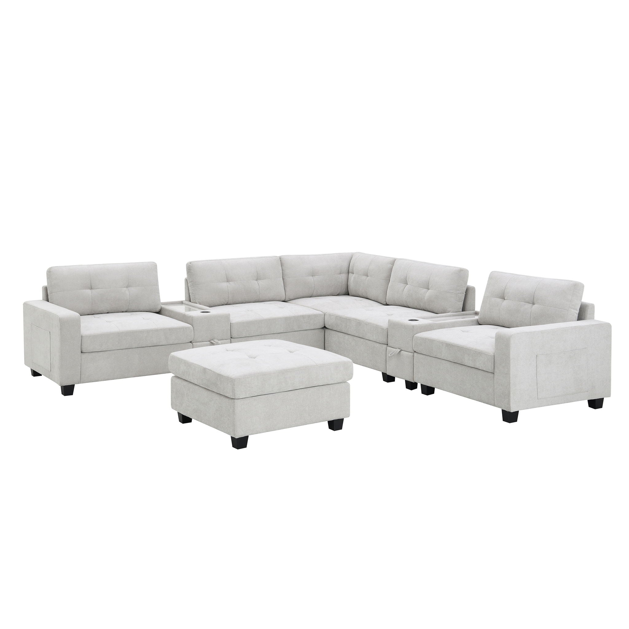 Sectional With Acrylic Table Top U Shaped Couch Set With 2 Consoles USB Charger, Storage Drawers And Pockets Movable Ottoman Tufted Sofa