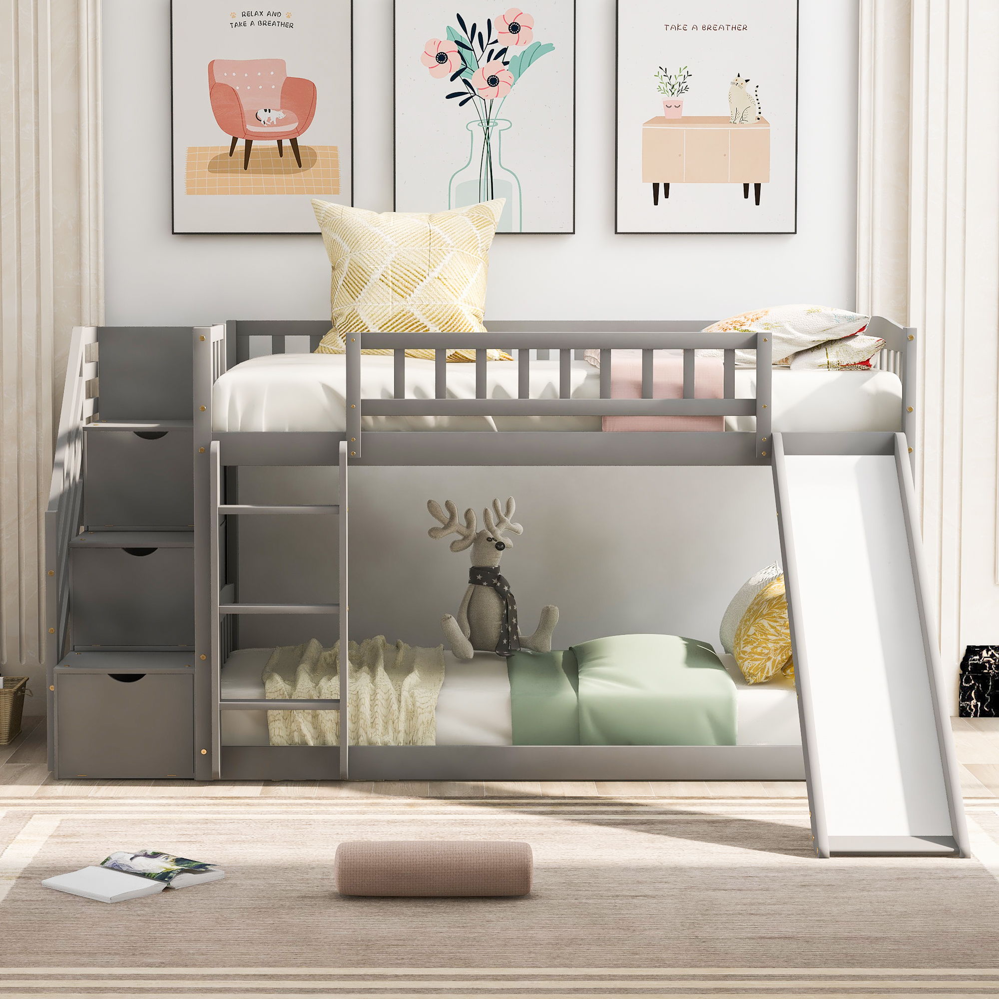 Twin Over Twin Bunk Stairway Bed With 2 Drawers And Slide - Gray