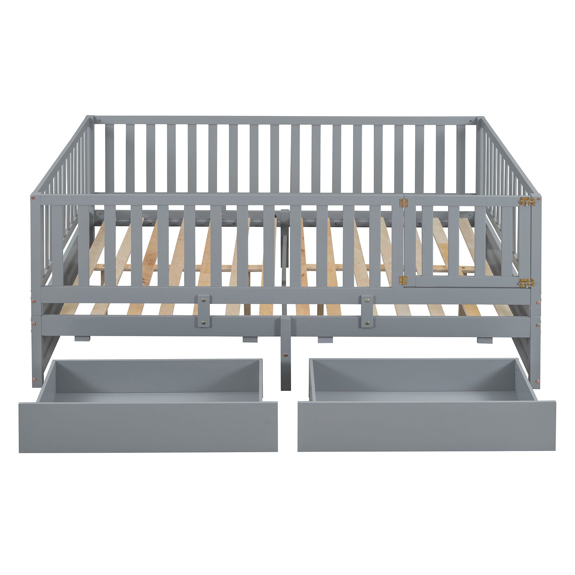 Daybed With Fence Guardrails And 2 Drawers, Split Into Independent Floor Bed & Daybed