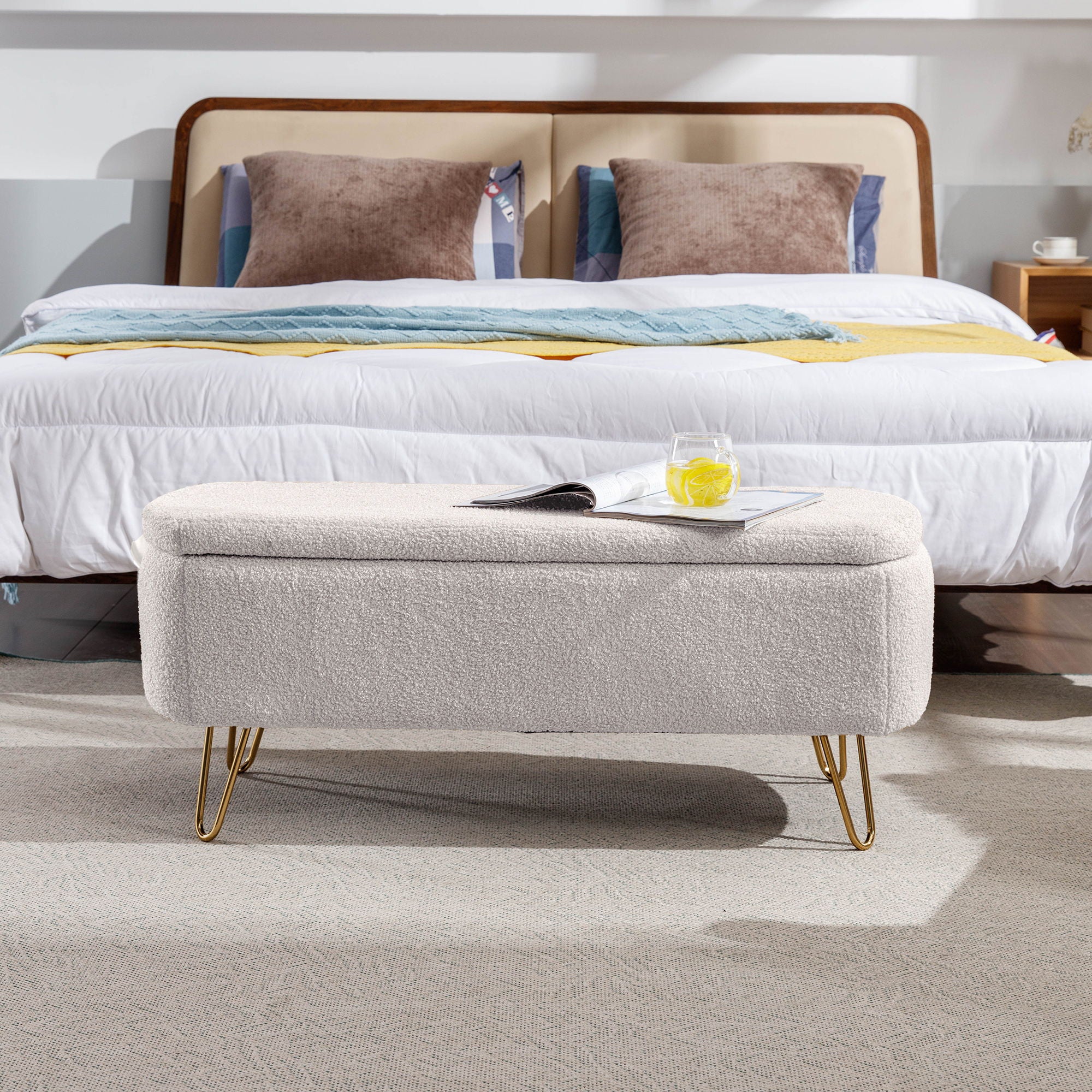 Storage Ottoman Bench For End Of Bed Legs, Modern Camel Faux Fur Entryway Bench Upholstered Padded With Storage For Living Room Bedroom