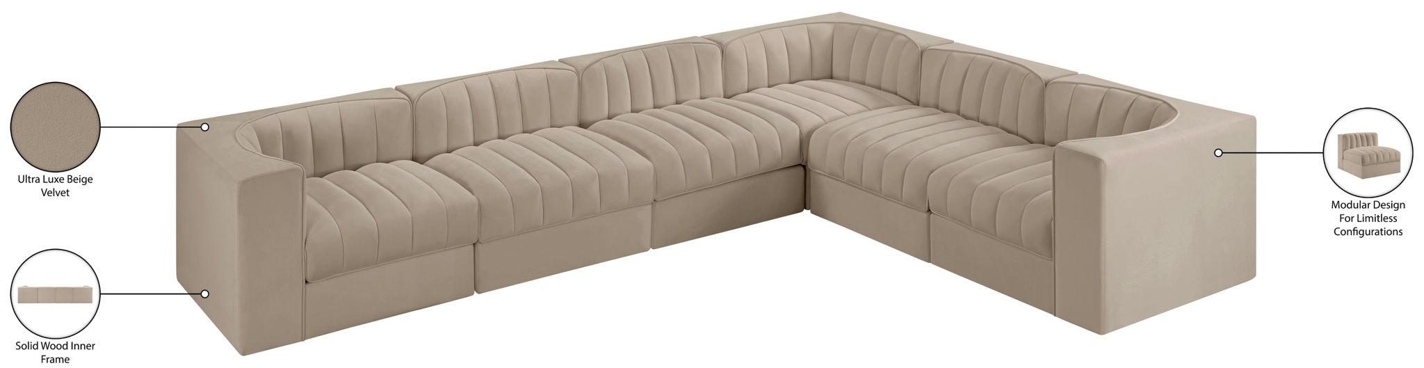 Rummi - Velvet Performance Fabric Upholstered 6 Piece Modular Sectional (With 3 Corner Chairs)