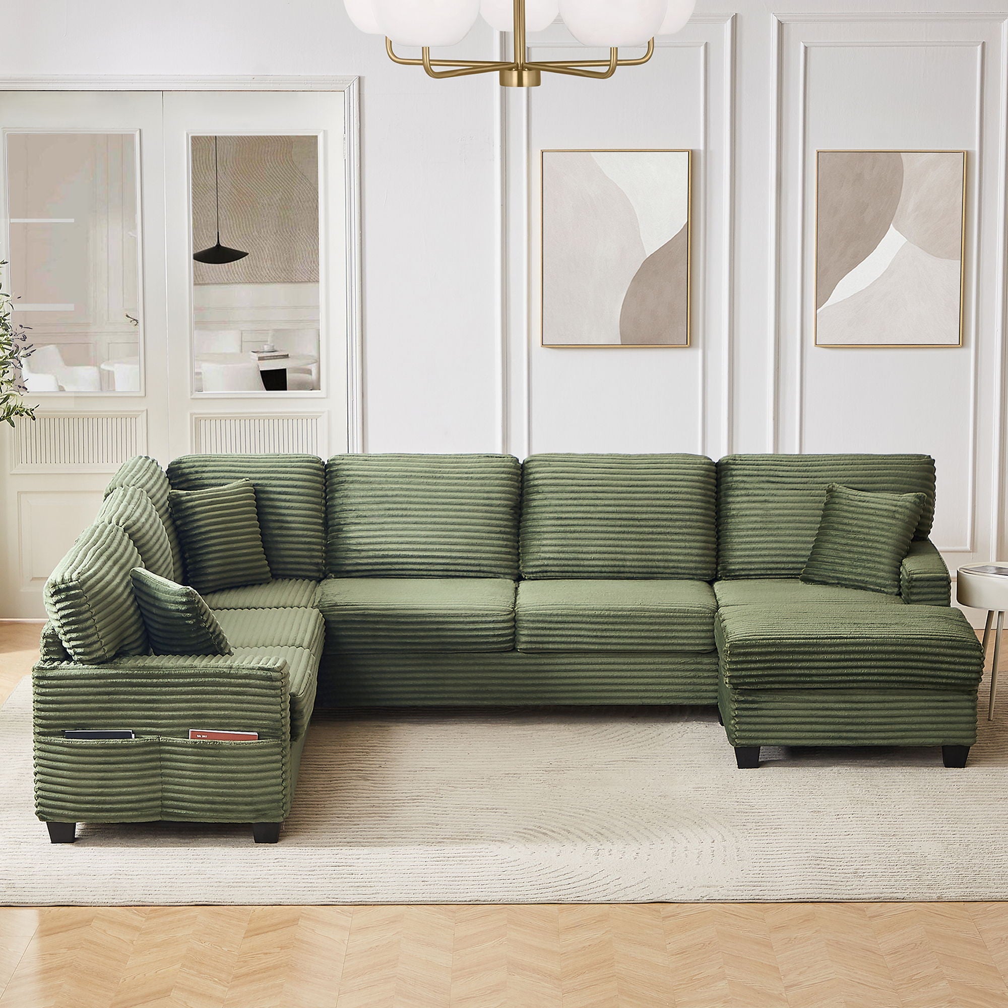 Upholstered U-Shaped Sectional Sofa With Movable Ottoman And Side Storage Pockets