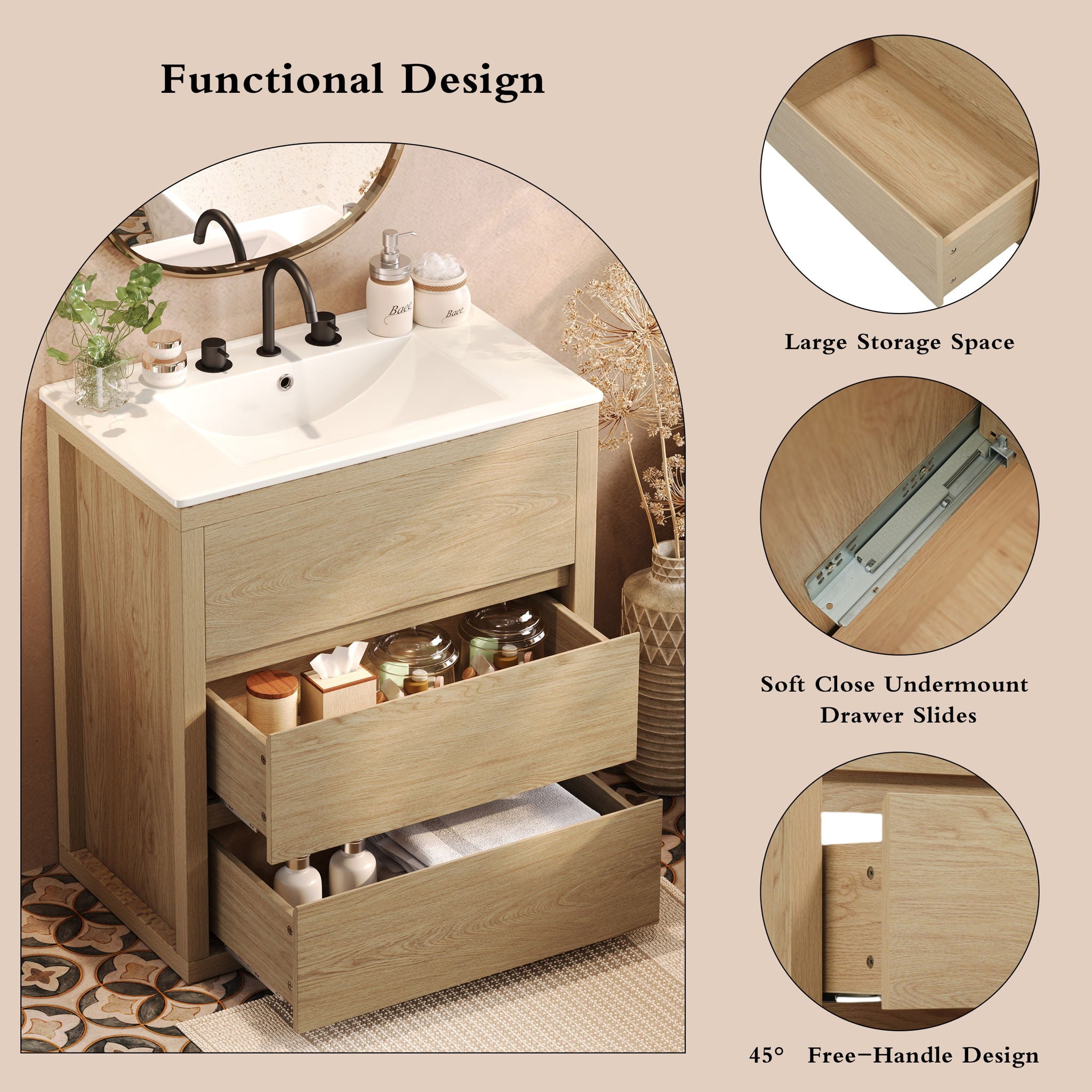 Freestanding Bathroom Vanity With Ceramic Sink, 2 Full Extension Drawers