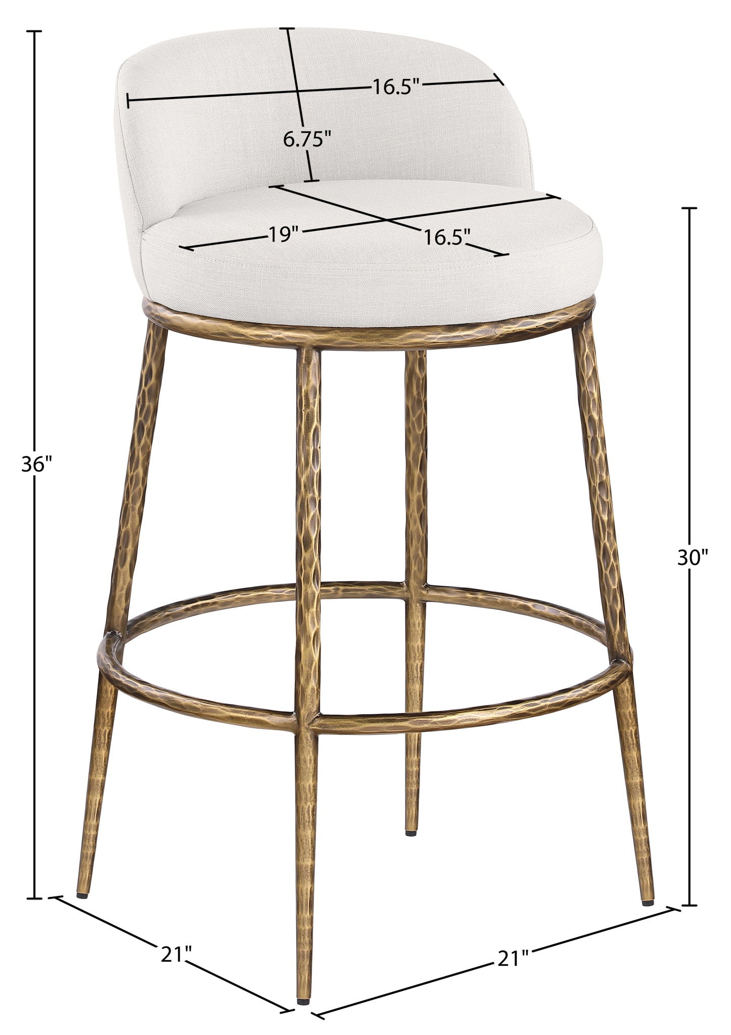 Ferro - Performance Fabric Upholstered Bar Stool - Cream / Antique Brass