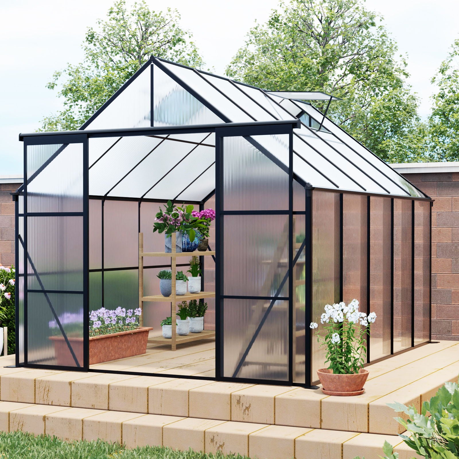 Double Door Polycarbonate house Raised Base And Anchor Aluminum Heavy Duty Walk In houses For Outdoor Backyard In All Season