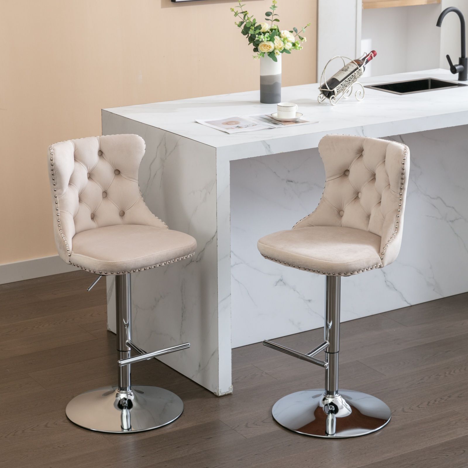 Swivel Barstools Adjusatble Seat Height From 25-33", Modern Upholstered Base Bar Stools With Backs Comfortable Tufted For Home Pub And Kitchen Island (Set of 2)