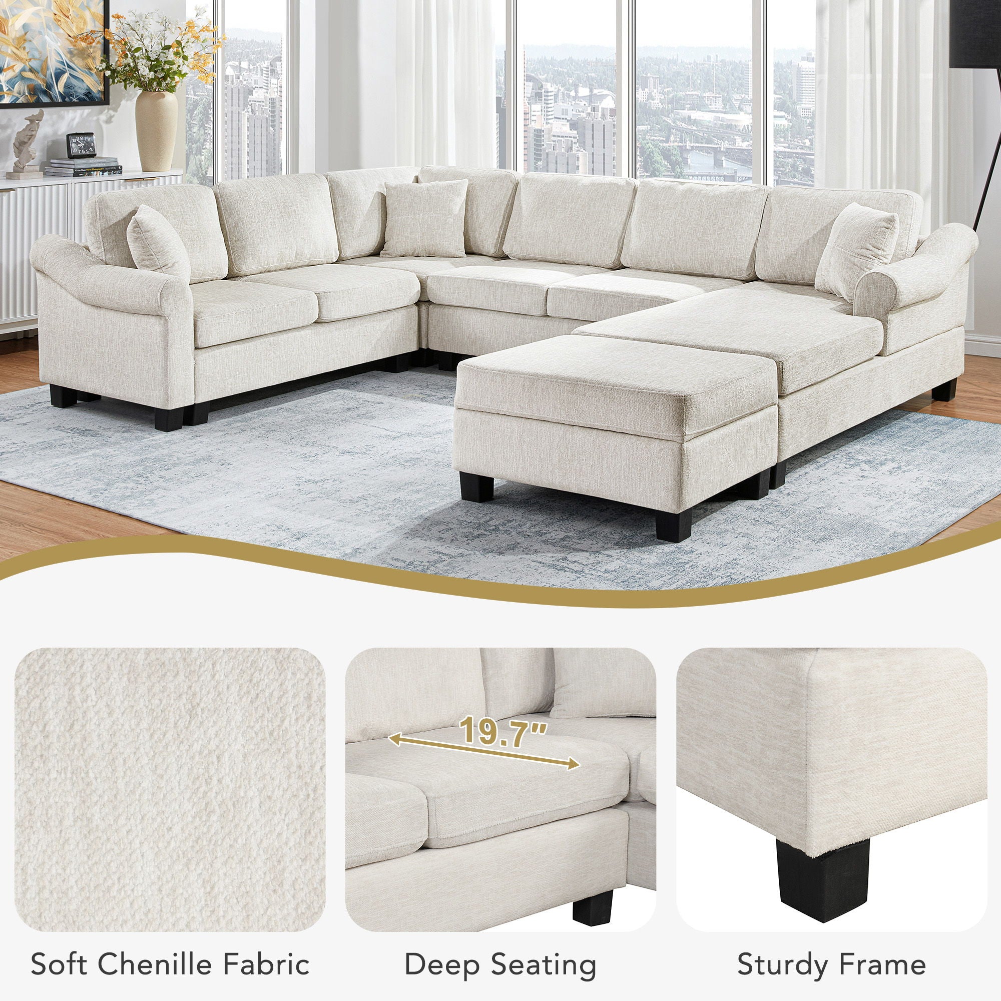 Contemporary U - Shaped Sectional Sofa With Movable Storage Ottoman
