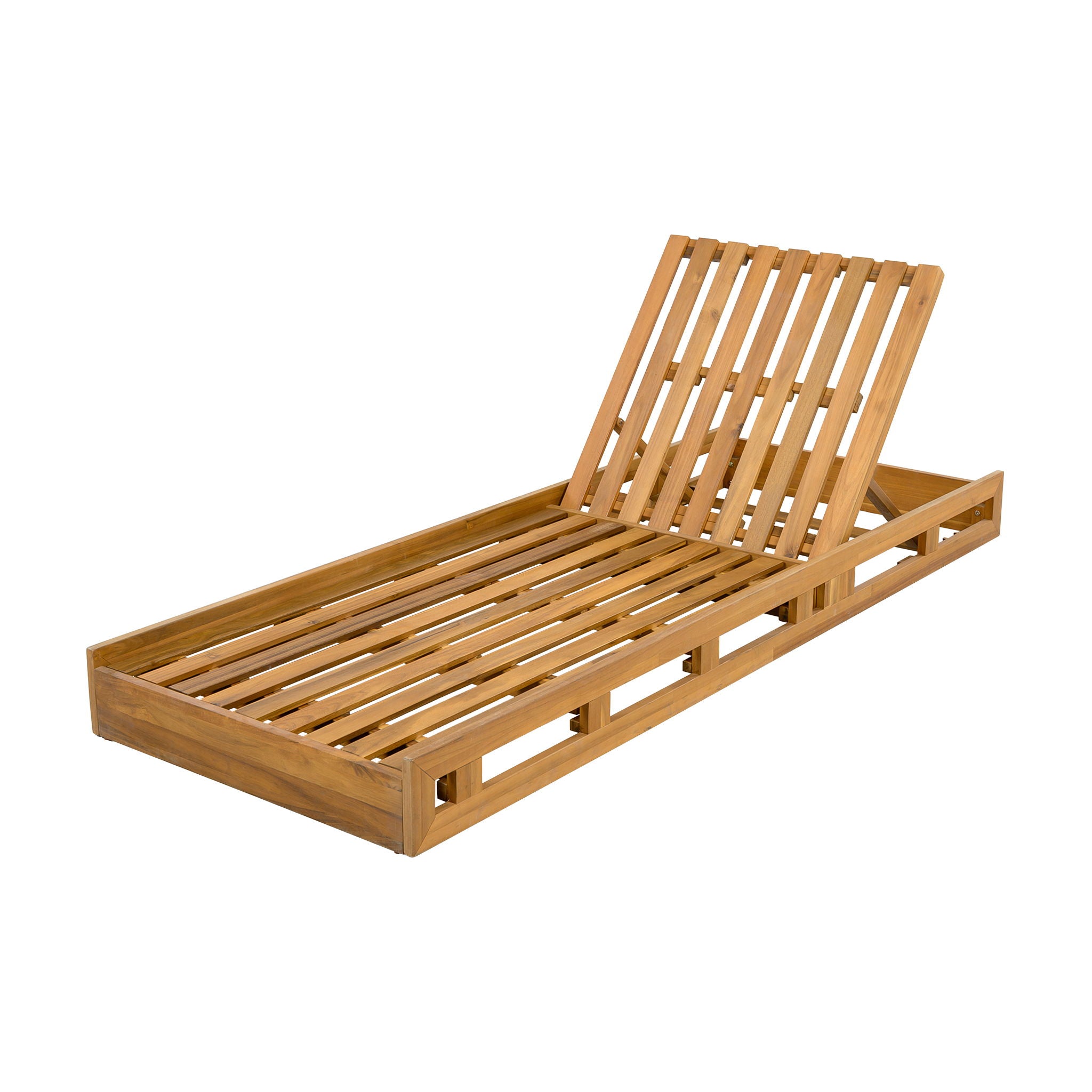 Premium Acacia Wood Lounge Chaise Set With Water Resistant Cushions, Adjustable Recline - Cream / Teak