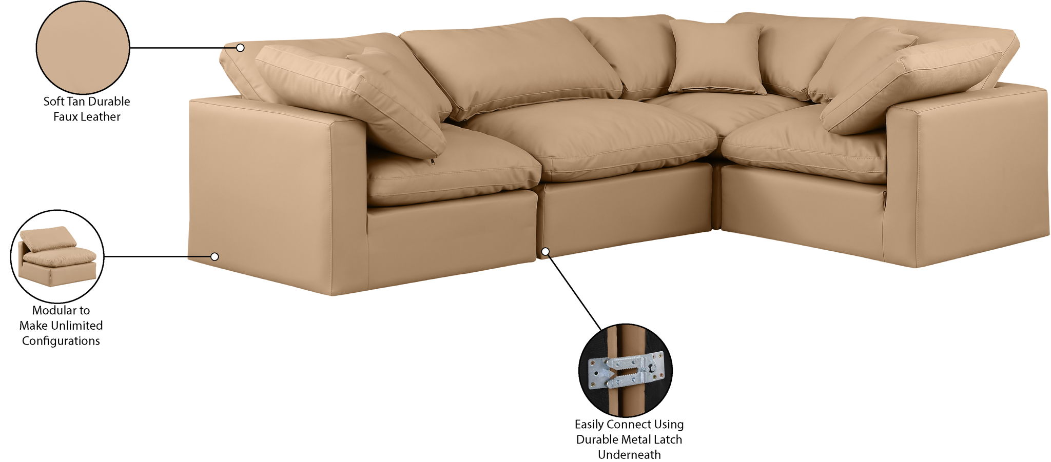 Indulge - Faux Leather 4 Piece Modular Corner Sectional - Tan