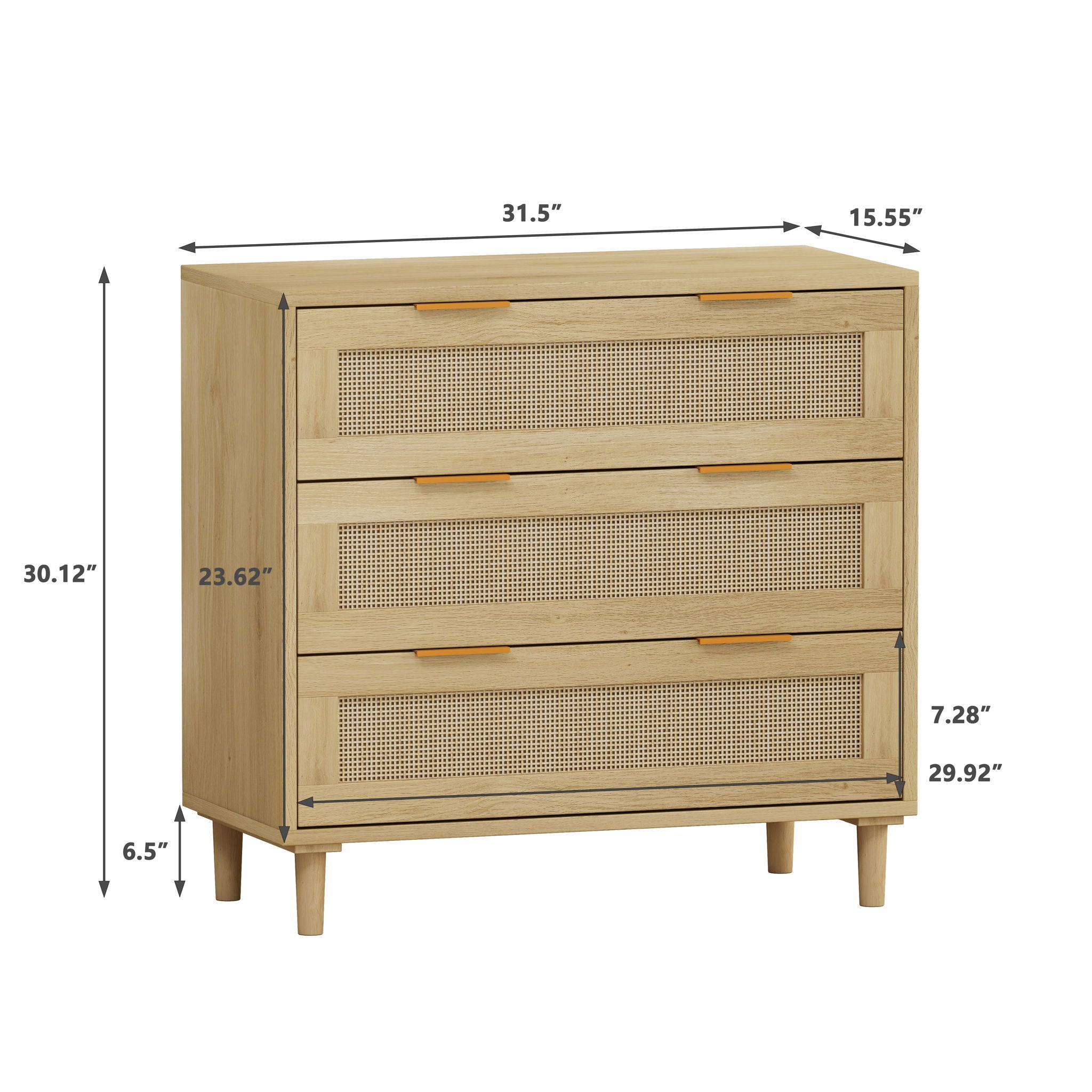 3 Drawer Storage Cabinet With Rattan Drawers For Bedroom, Living Room - Oak