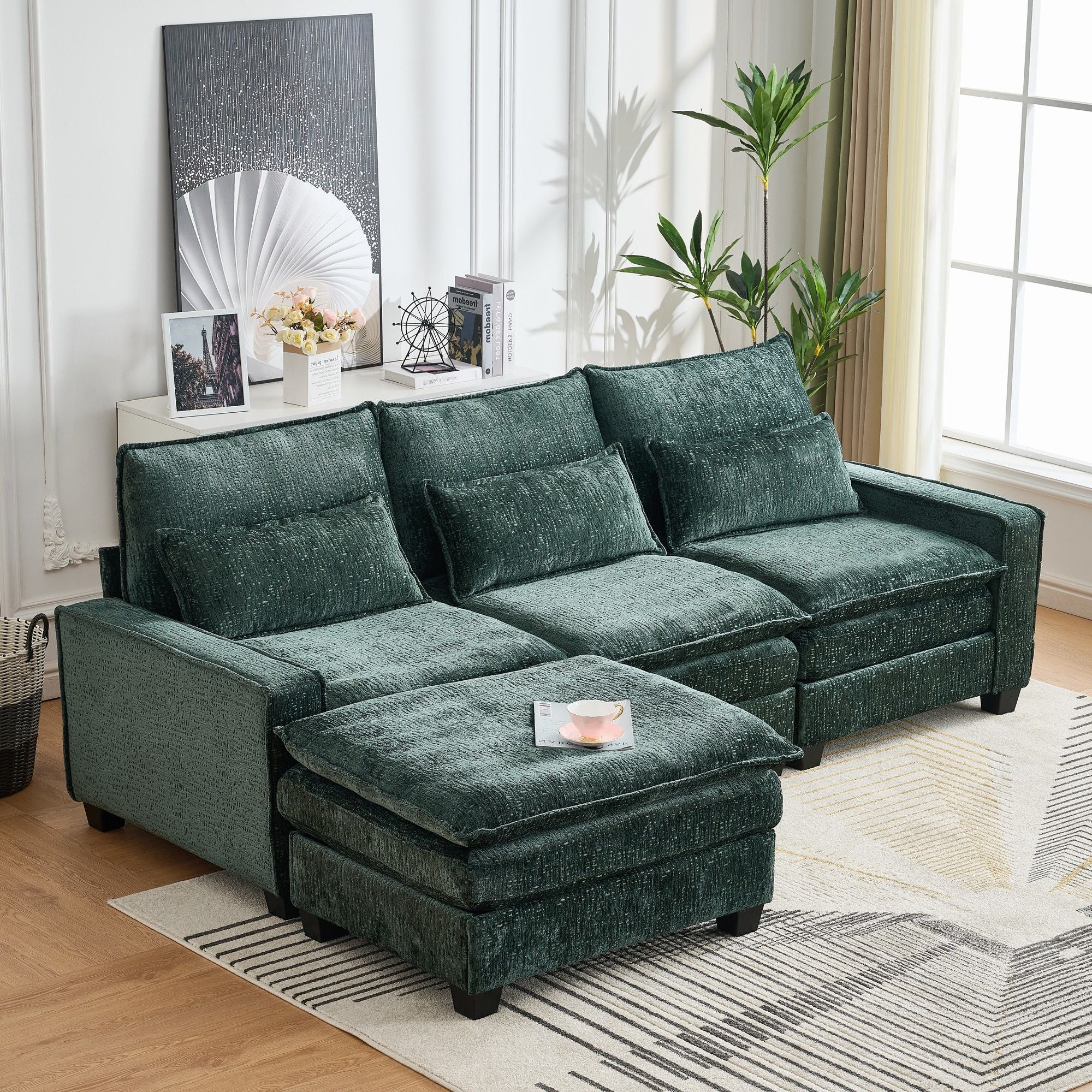 Modern Comfy L Shaped Sectional Sofa With Movable Ottoman