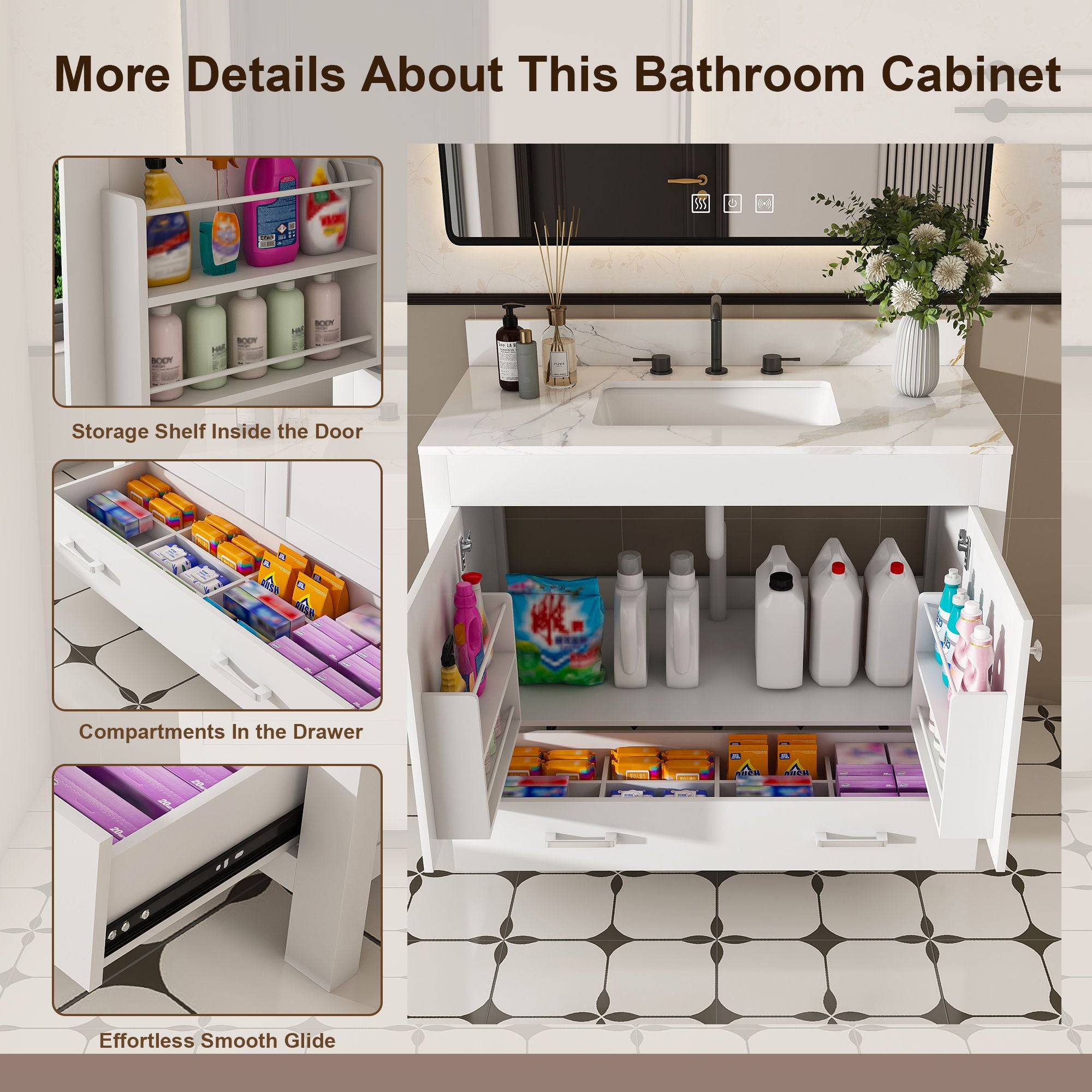 43" Bathroom Vanity, Multi Functional Cabinet With Doors And Drawer - White