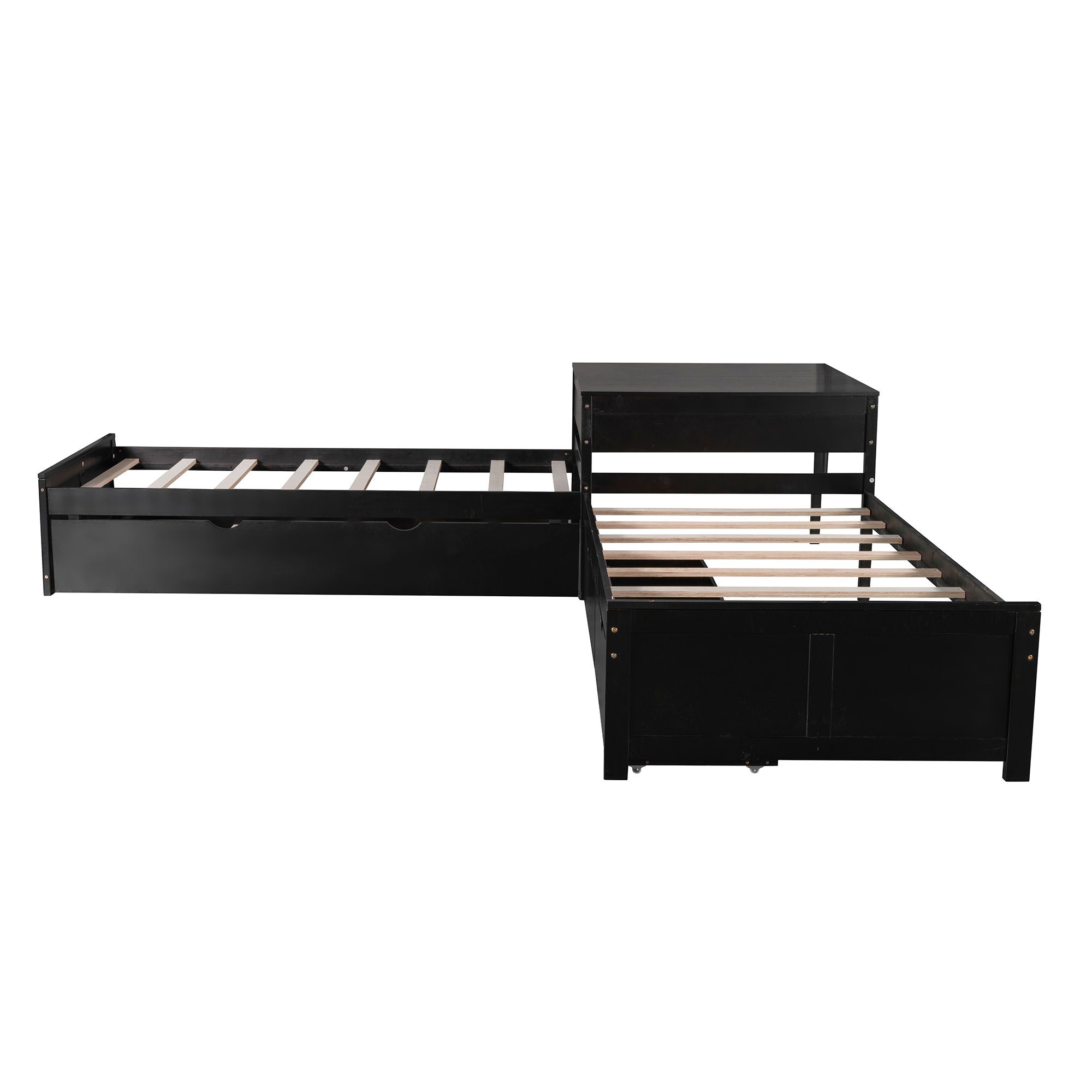 L Shaped Platform Bed With Trundle And Drawers Linked With Built In Desk